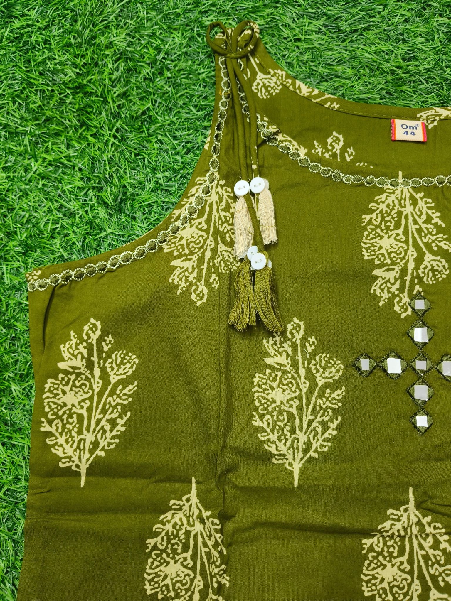 Women's Festive Olive Green Sleeveless Kurti with Decorative Neckline