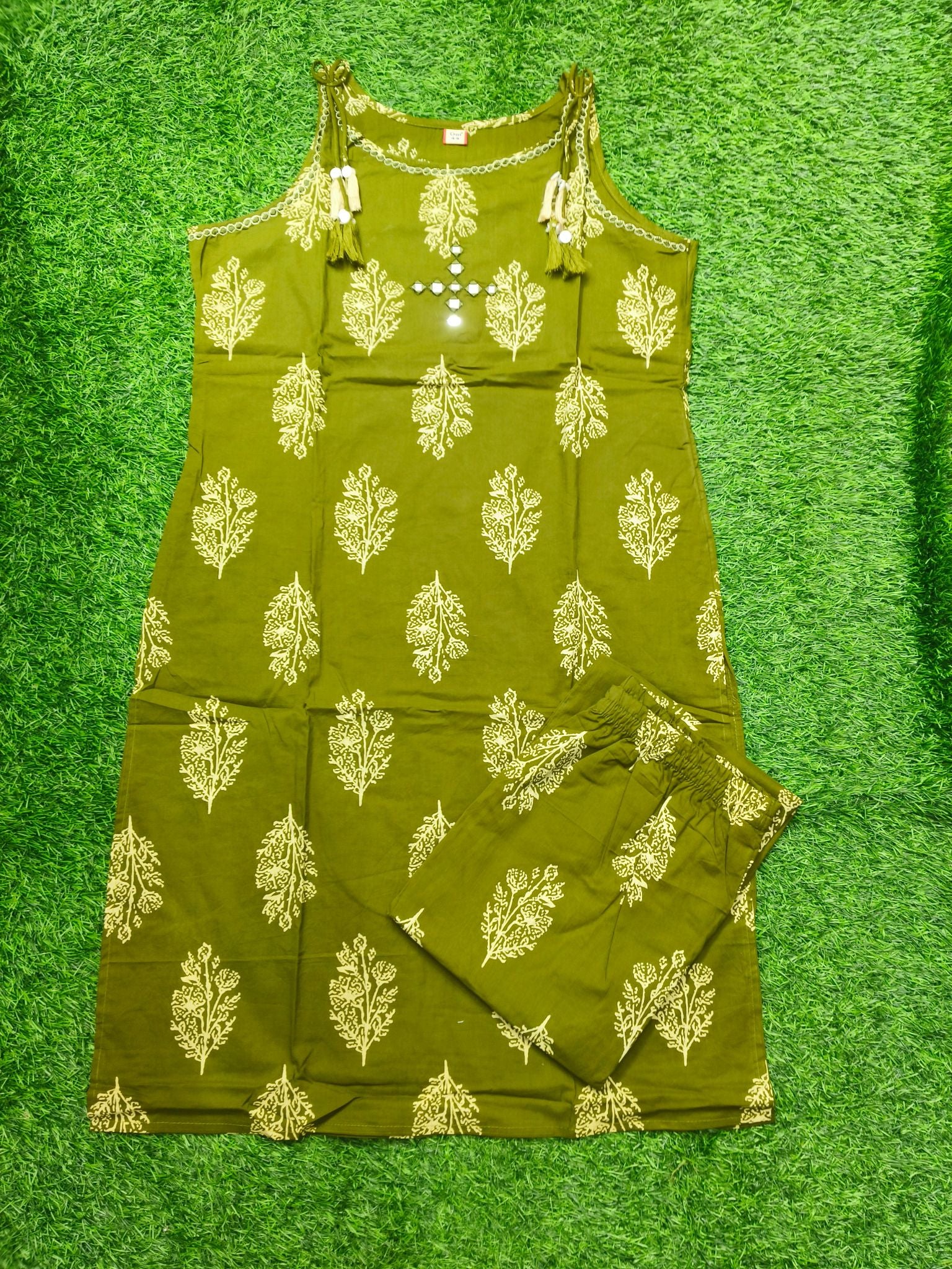 Women's Festive Olive Green Sleeveless Kurti with Decorative Neckline