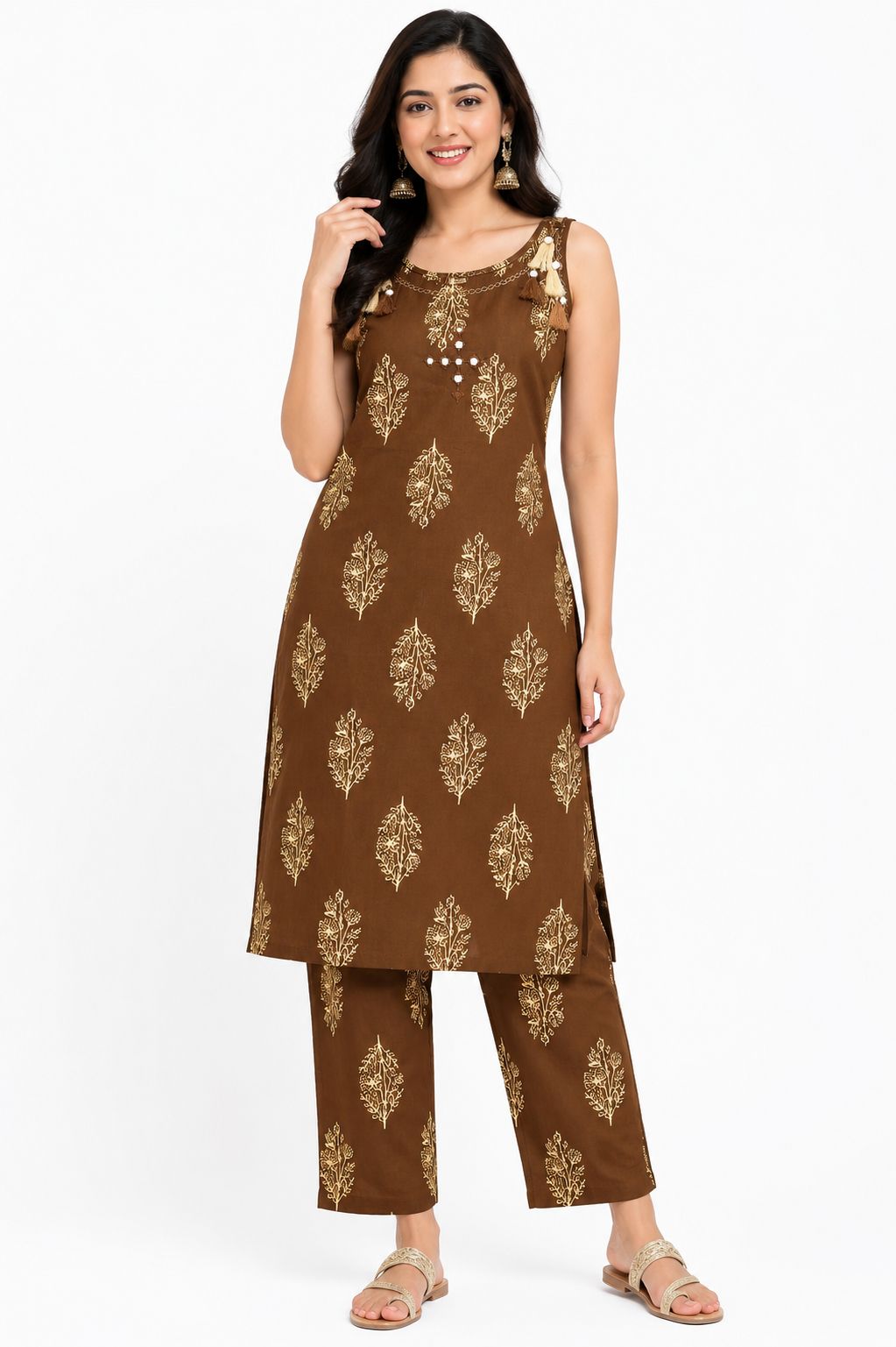 Women's Designer Brown Sleeveless Floral Print 2-Piece Kurti Set