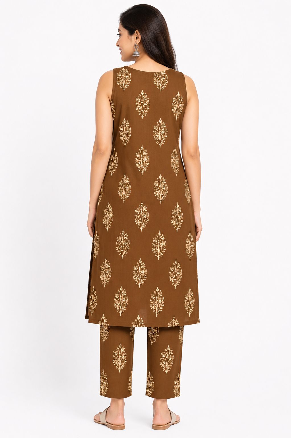 Women's Designer Brown Sleeveless Floral Print 2-Piece Kurti Set