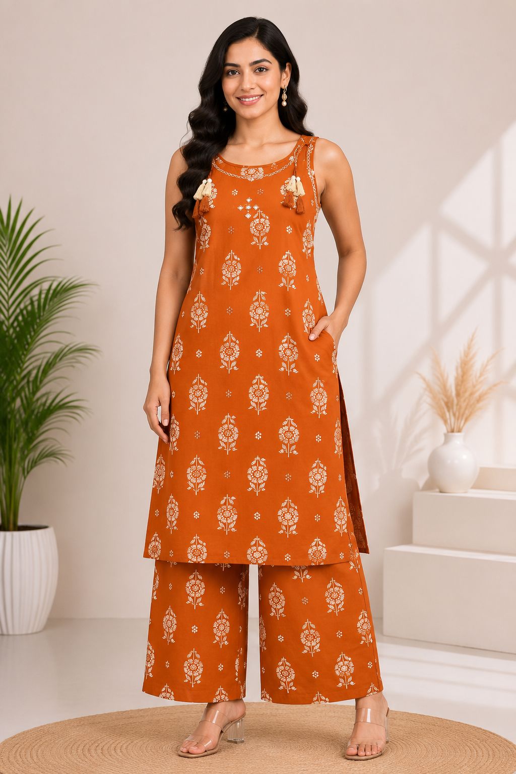 Women's Rust Orange Sleeveless 2-Piece Kurti with Floral Print and Decorative Neckline