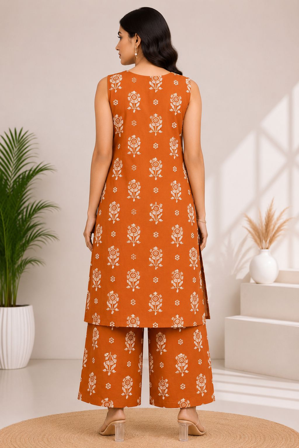 Women's Rust Orange Sleeveless 2-Piece Kurti with Floral Print and Decorative Neckline