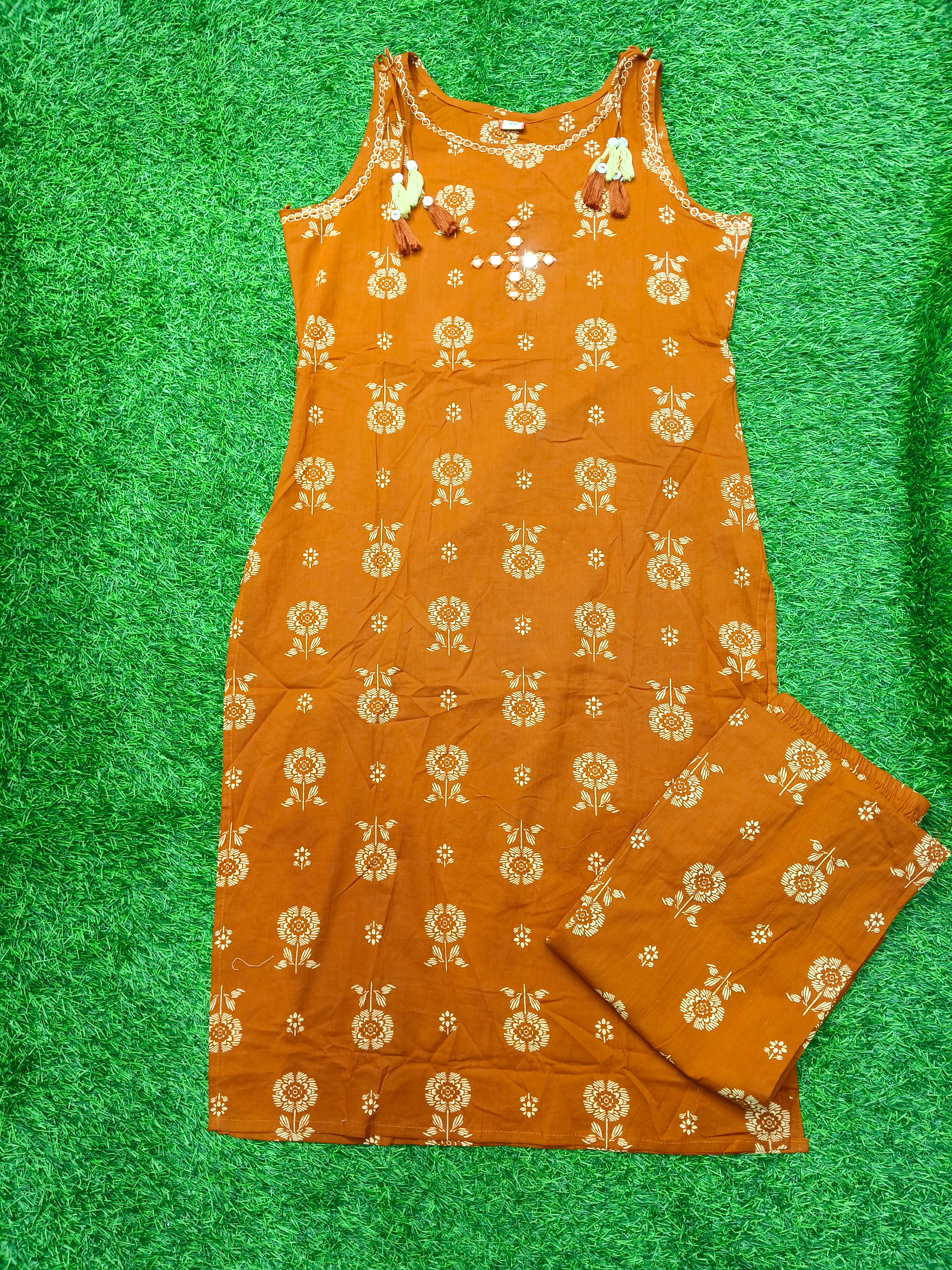 Women's Rust Orange Sleeveless 2-Piece Kurti with Floral Print and Decorative Neckline