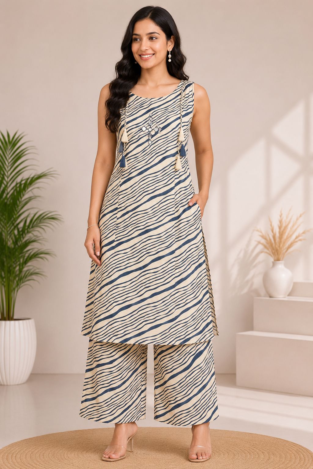 Women's Elegant Cream 2-Piece Kurti with Decorative Neckline