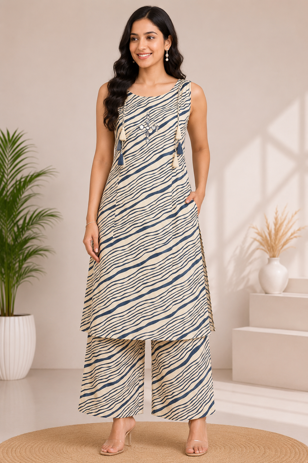 Women's Elegant Cream 2-Piece Kurti with Decorative Neckline