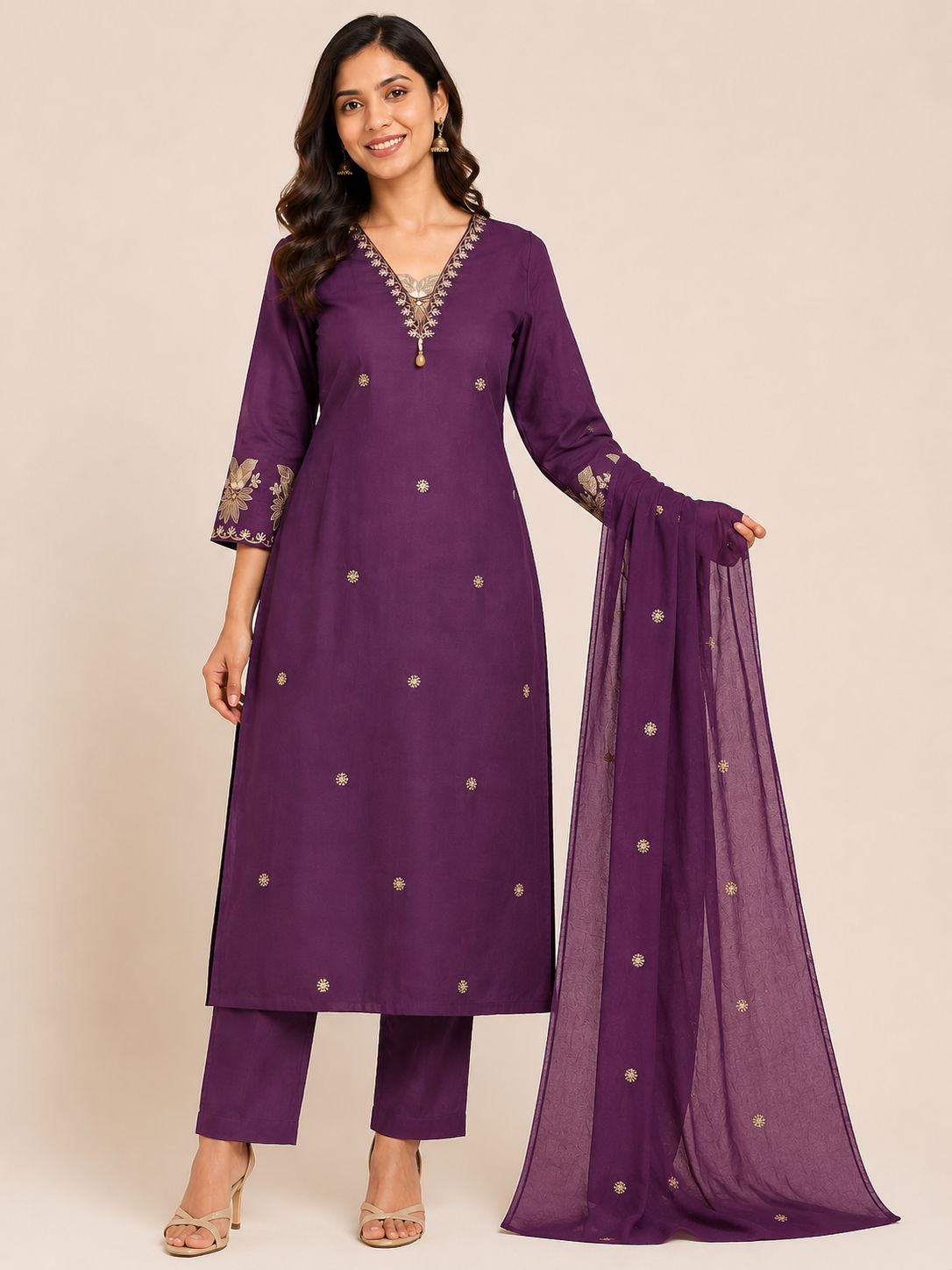 Women's Premium Purple Pure Cotton  3-Piece Kurti Set with 3/4 Sleeves