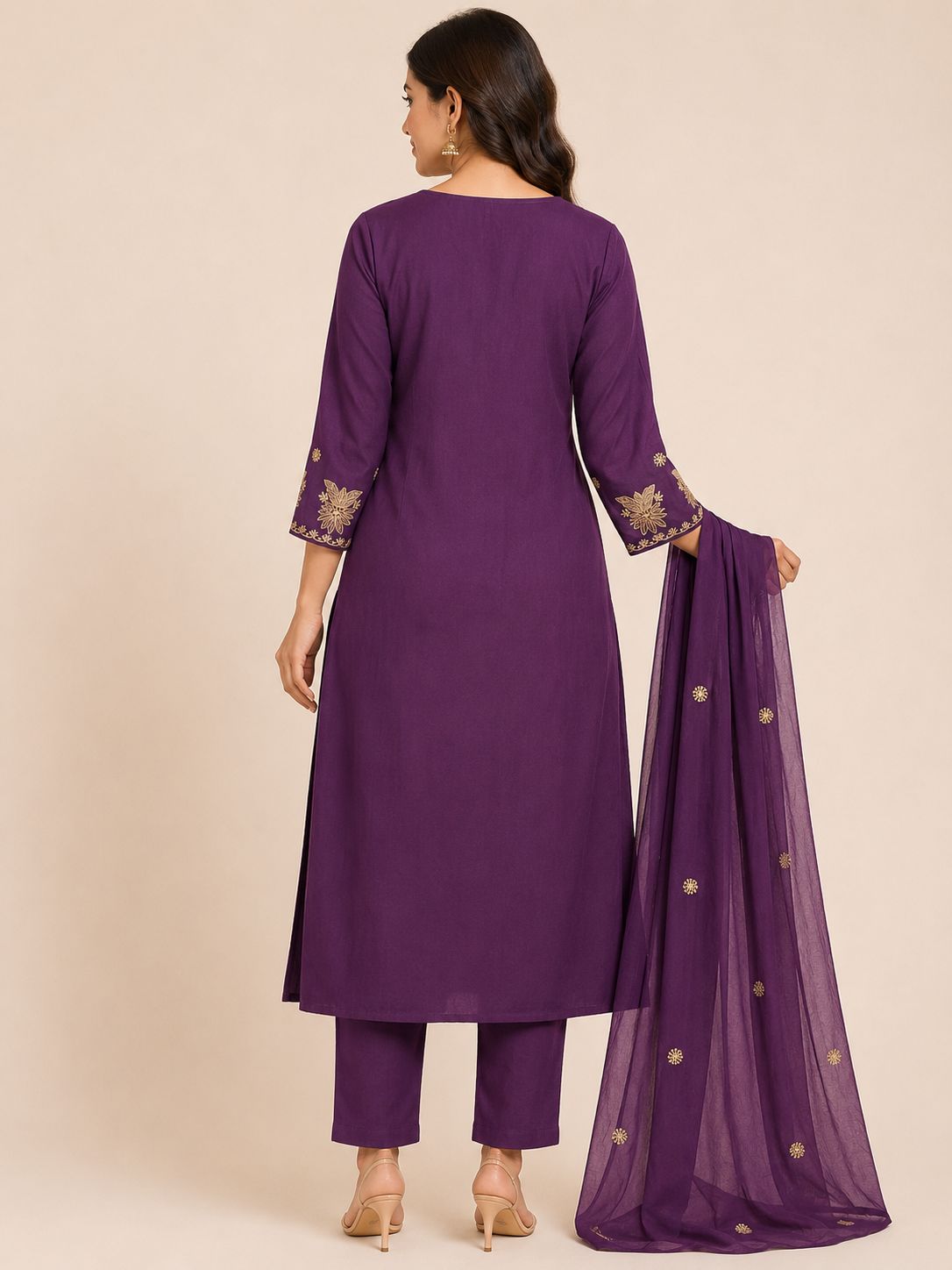 Women's Premium Purple Pure Cotton  3-Piece Kurti Set with 3/4 Sleeves