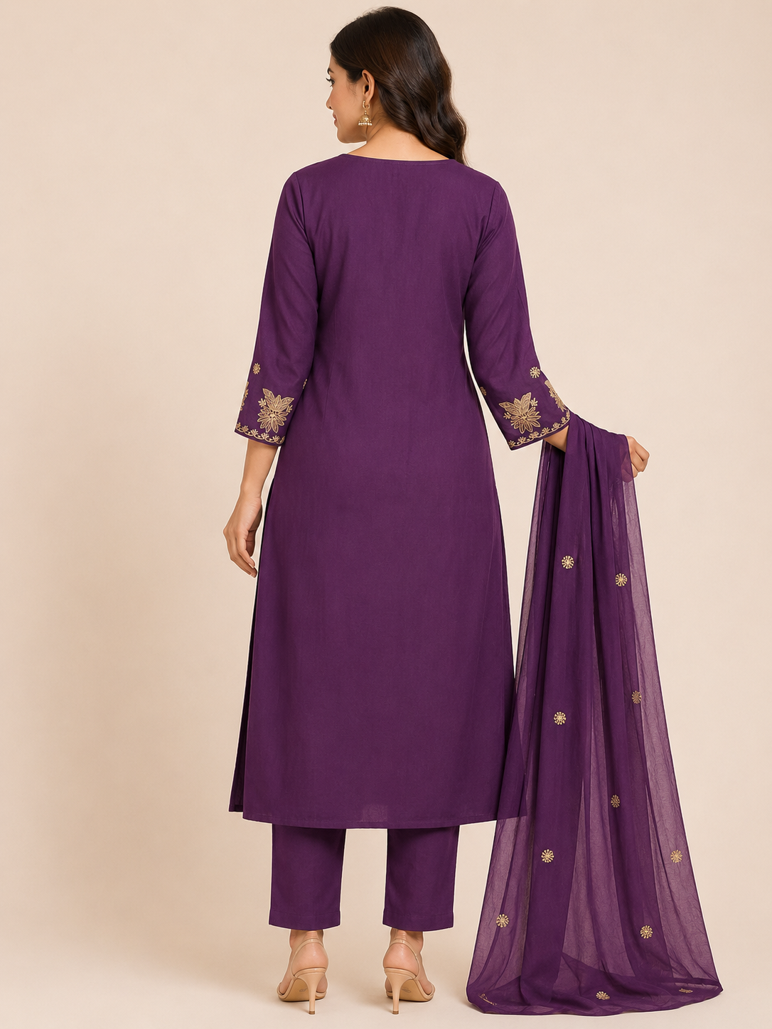 Women's Premium Purple Pure Cotton  3-Piece Kurti Set with 3/4 Sleeves
