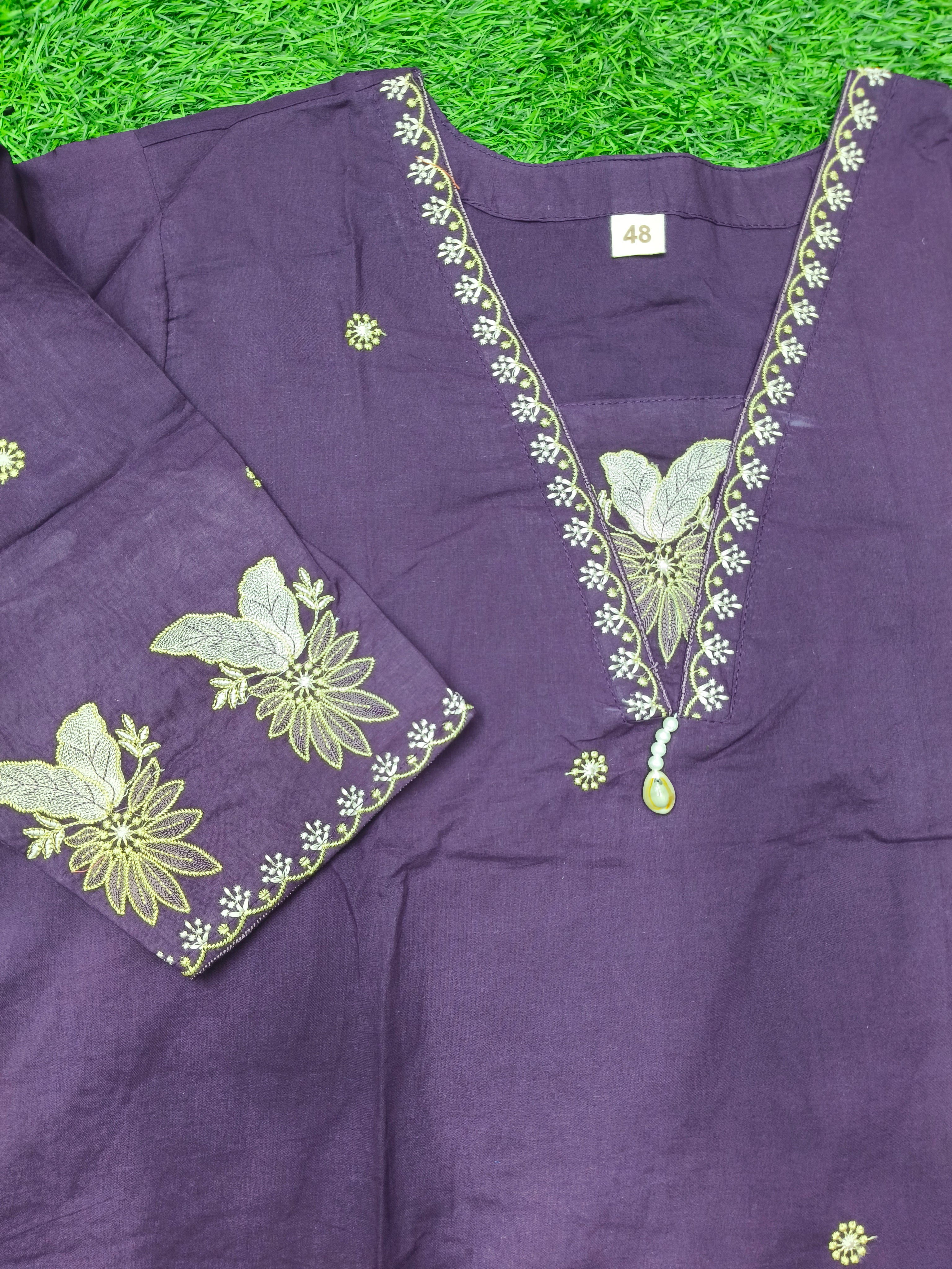 Women's Premium Purple Pure Cotton  3-Piece Kurti Set with 3/4 Sleeves
