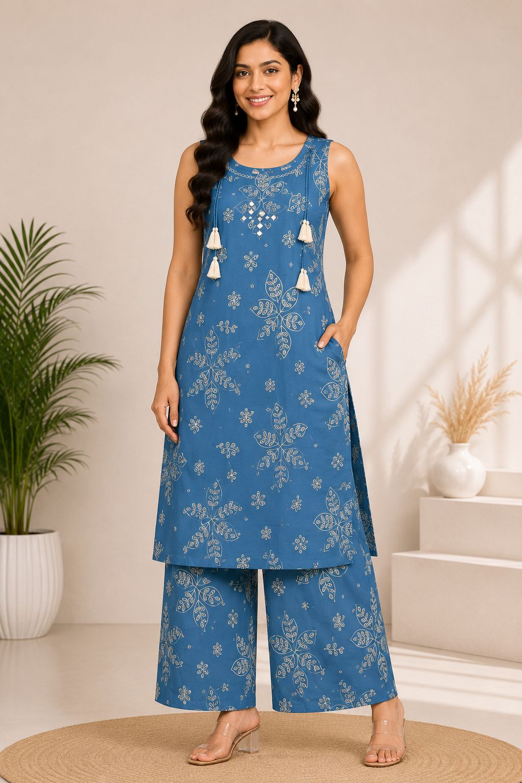 Women's Teal Blue 2-Piece Kurta Set with Thread embroidery work and White Mirror Work