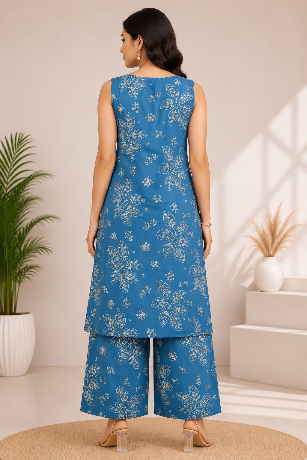 Women's Teal Blue 2-Piece Kurta Set with Thread embroidery work and White Mirror Work