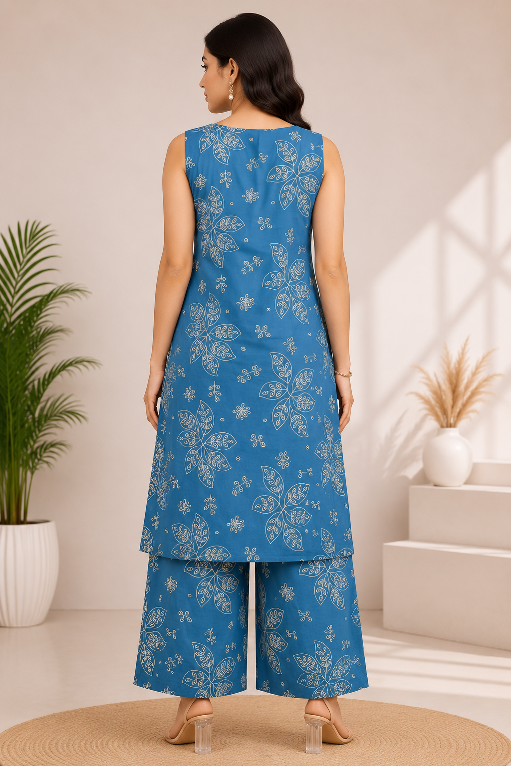 Women's Teal Blue 2-Piece Kurta Set with Thread embroidery work and White Mirror Work