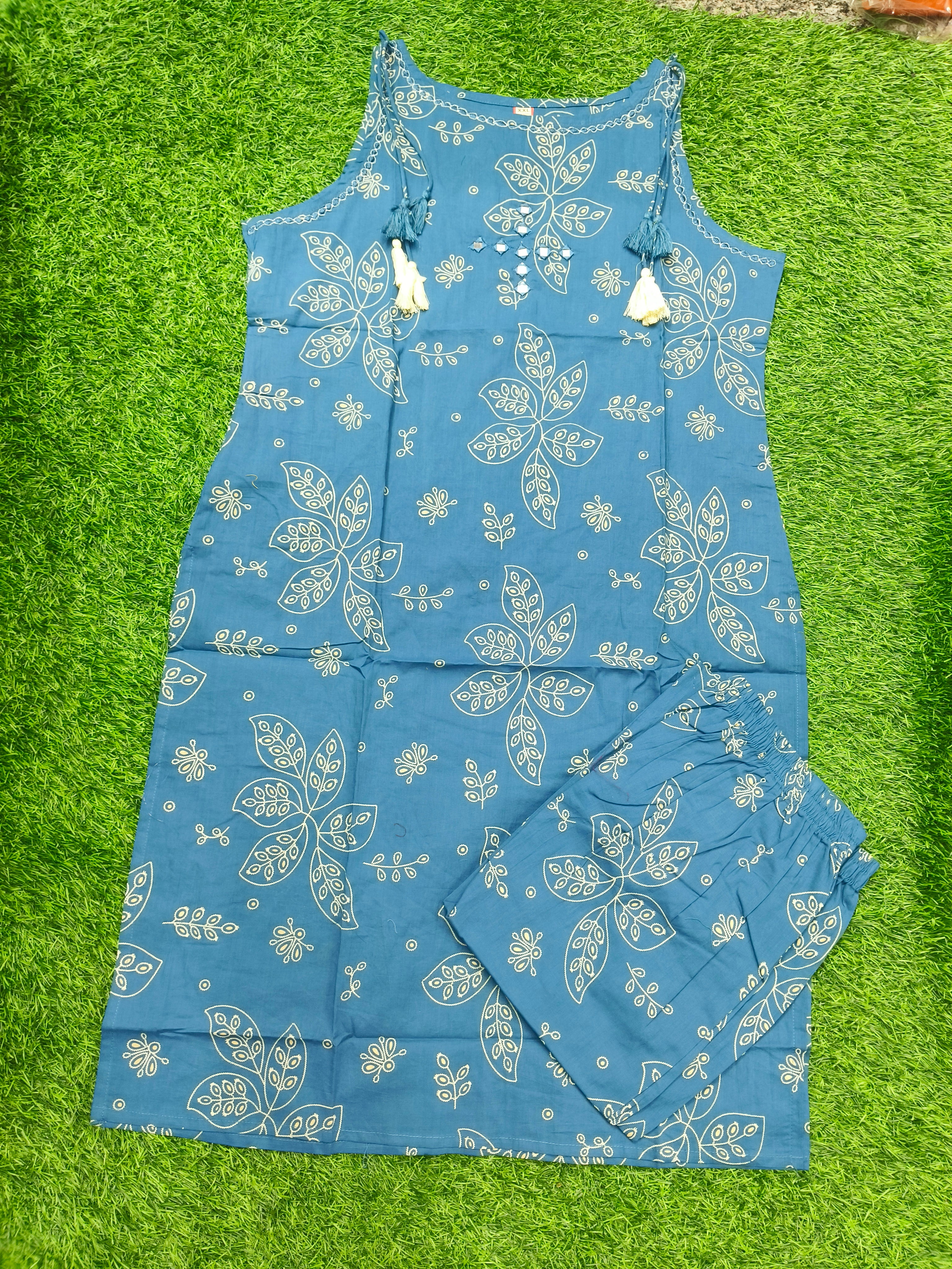 Women's Teal Blue 2-Piece Kurta Set with Thread embroidery work and White Mirror Work