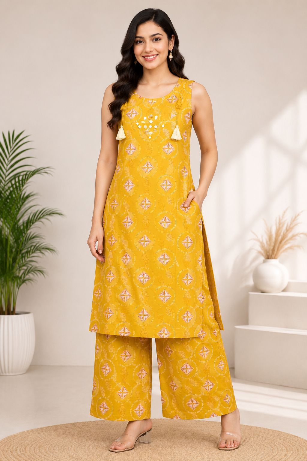 Women's Elegant Lemon Yellow 2-Piece Kurti with Decorative Neckline