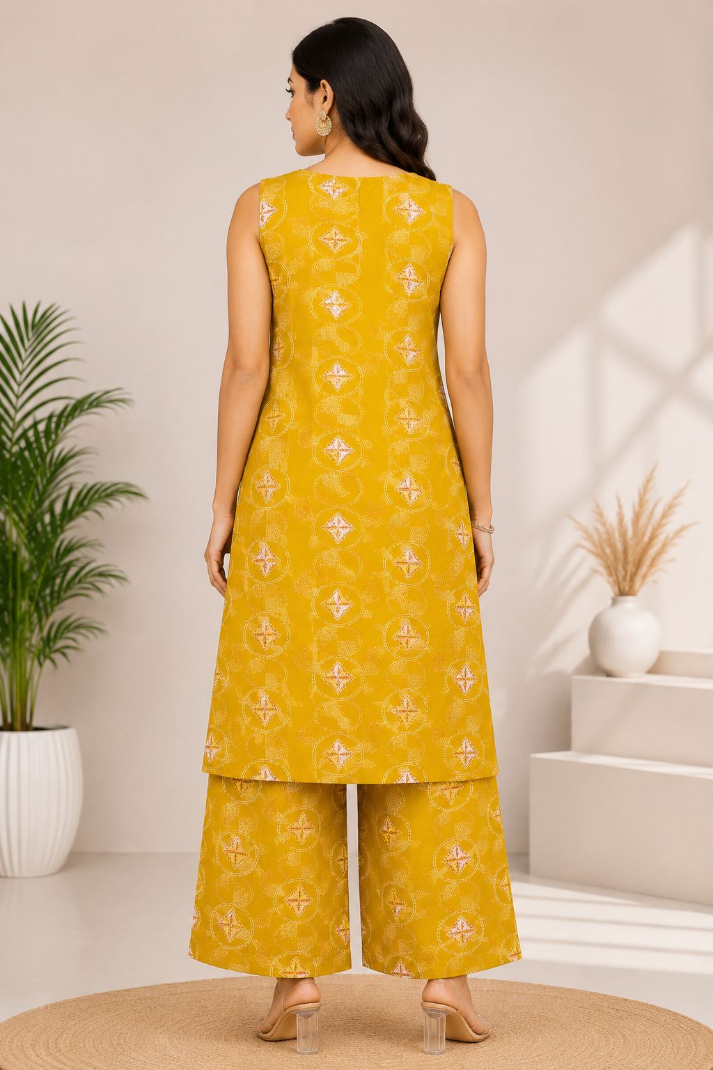 Women's Elegant Lemon Yellow 2-Piece Kurti with Decorative Neckline