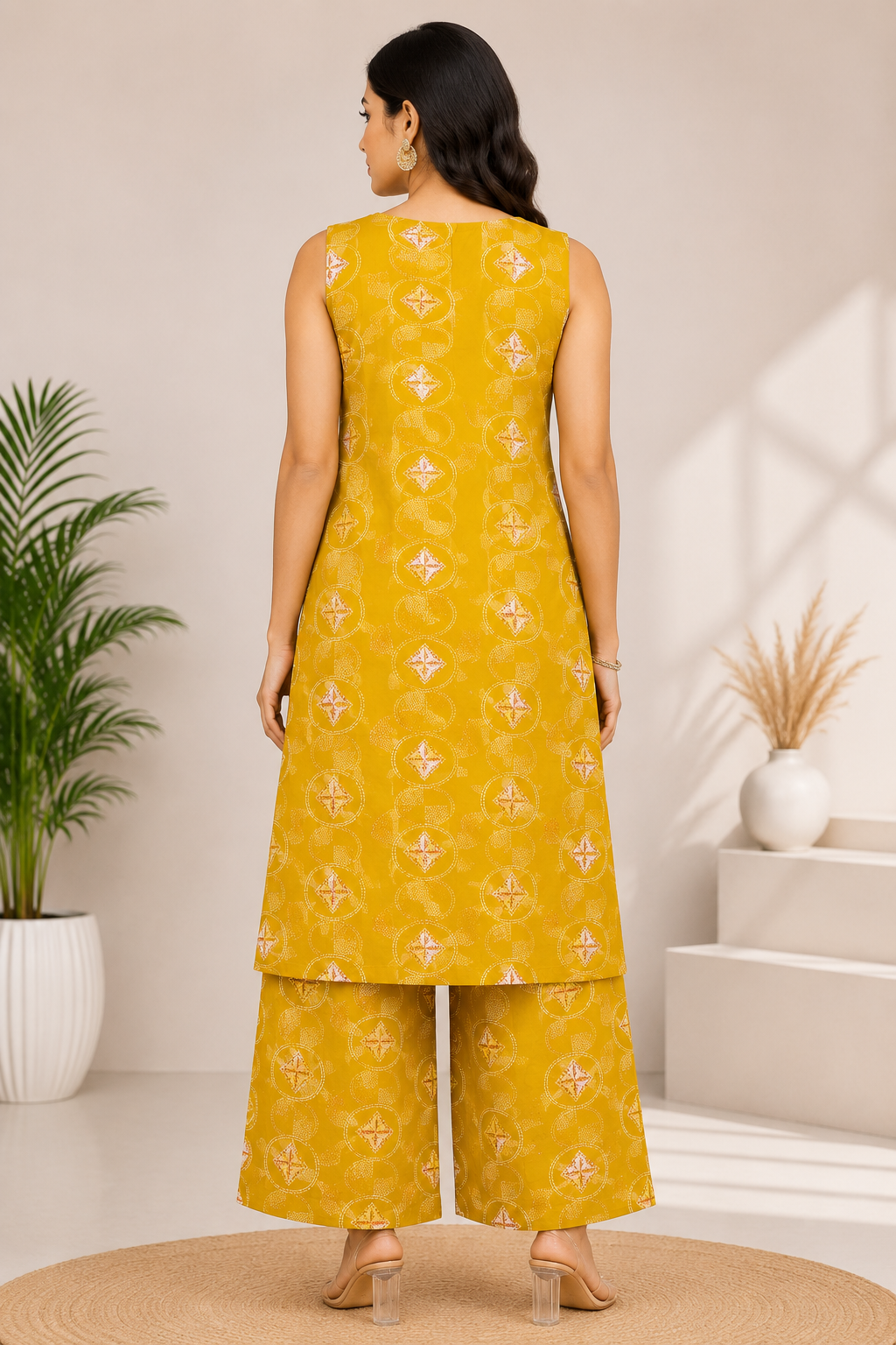 Women's Elegant Lemon Yellow 2-Piece Kurti with Decorative Neckline
