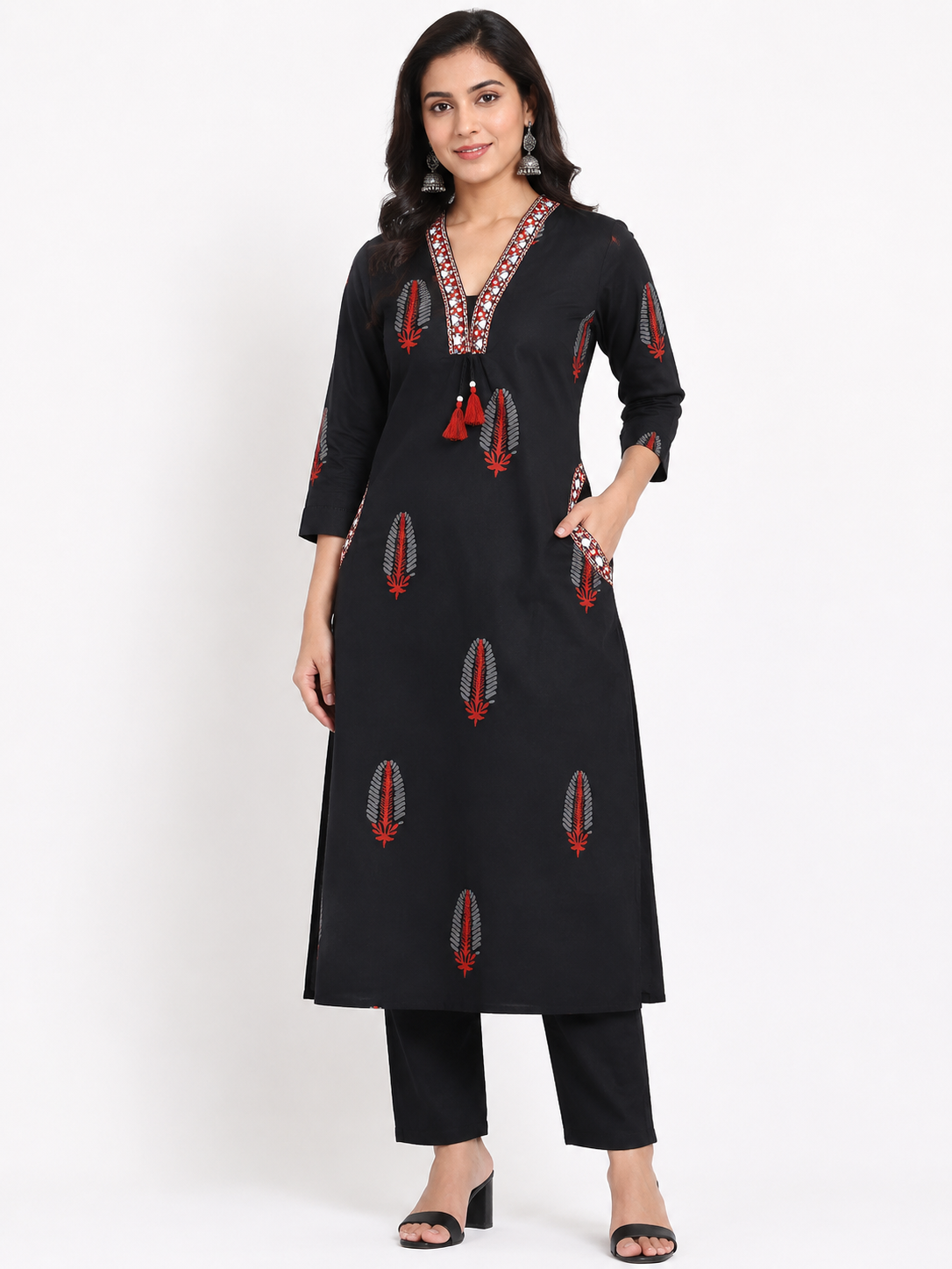 Women's Black 2-Piece Kurti with Red and Silver Mirror Work Neckline and 3/4 Sleeves