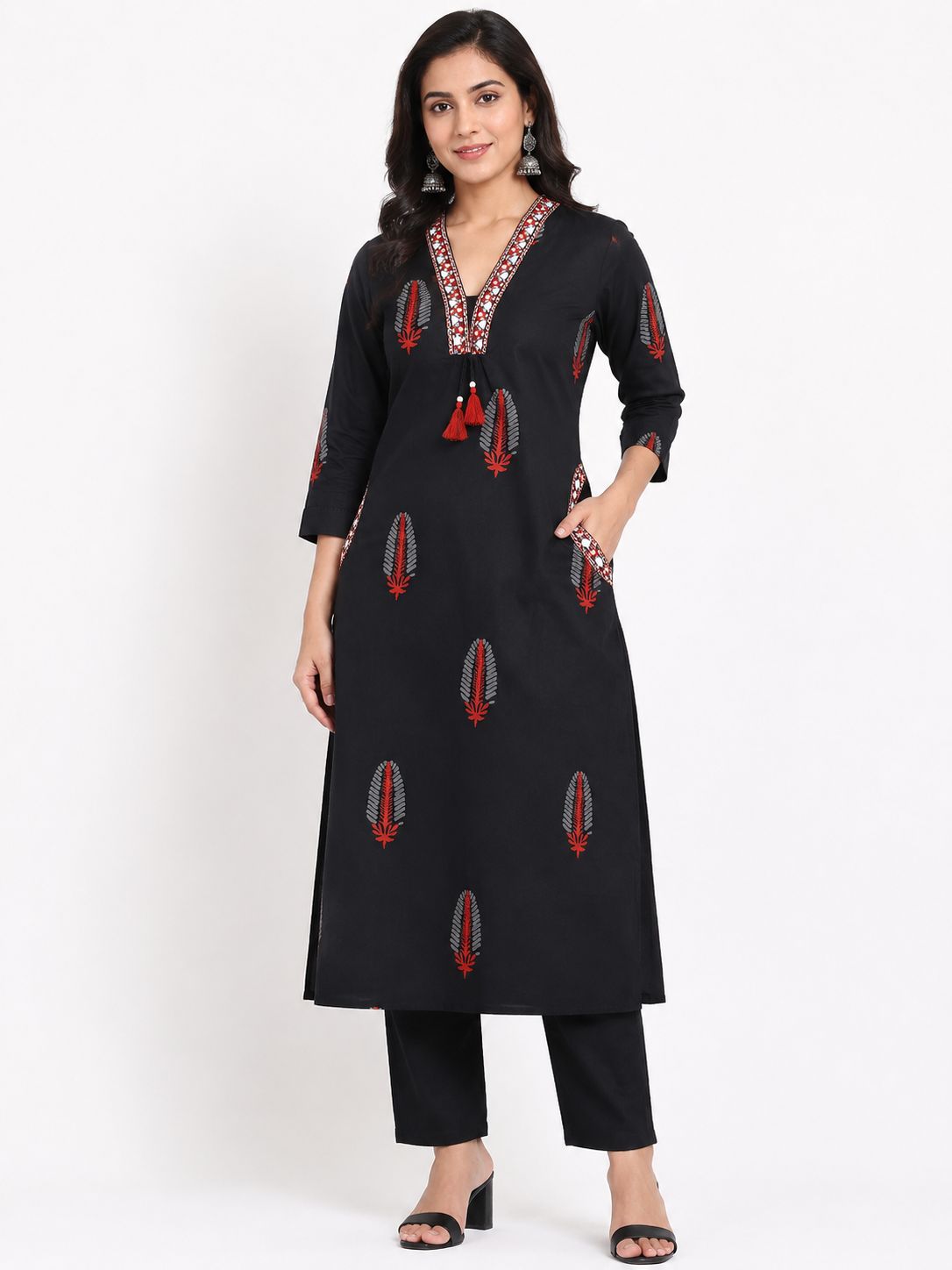 Women's Black 2-Piece Kurti with Red and Silver Mirror Work Neckline and 3/4 Sleeves