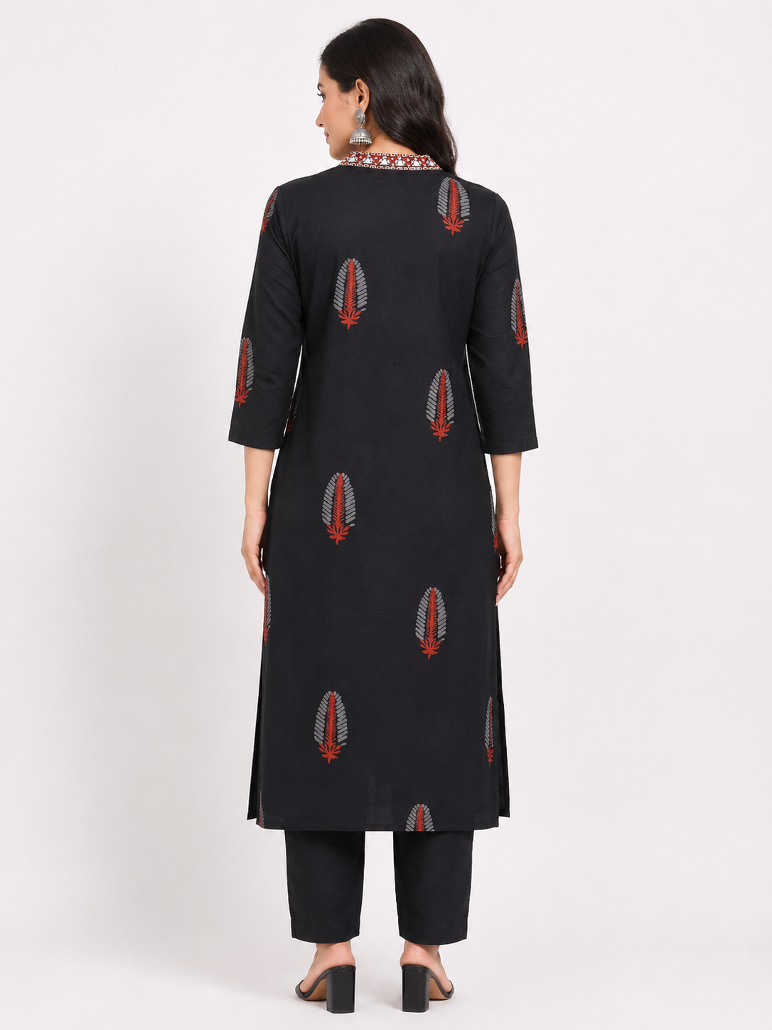 Women's Black 2-Piece Kurti with Red and Silver Mirror Work Neckline and 3/4 Sleeves