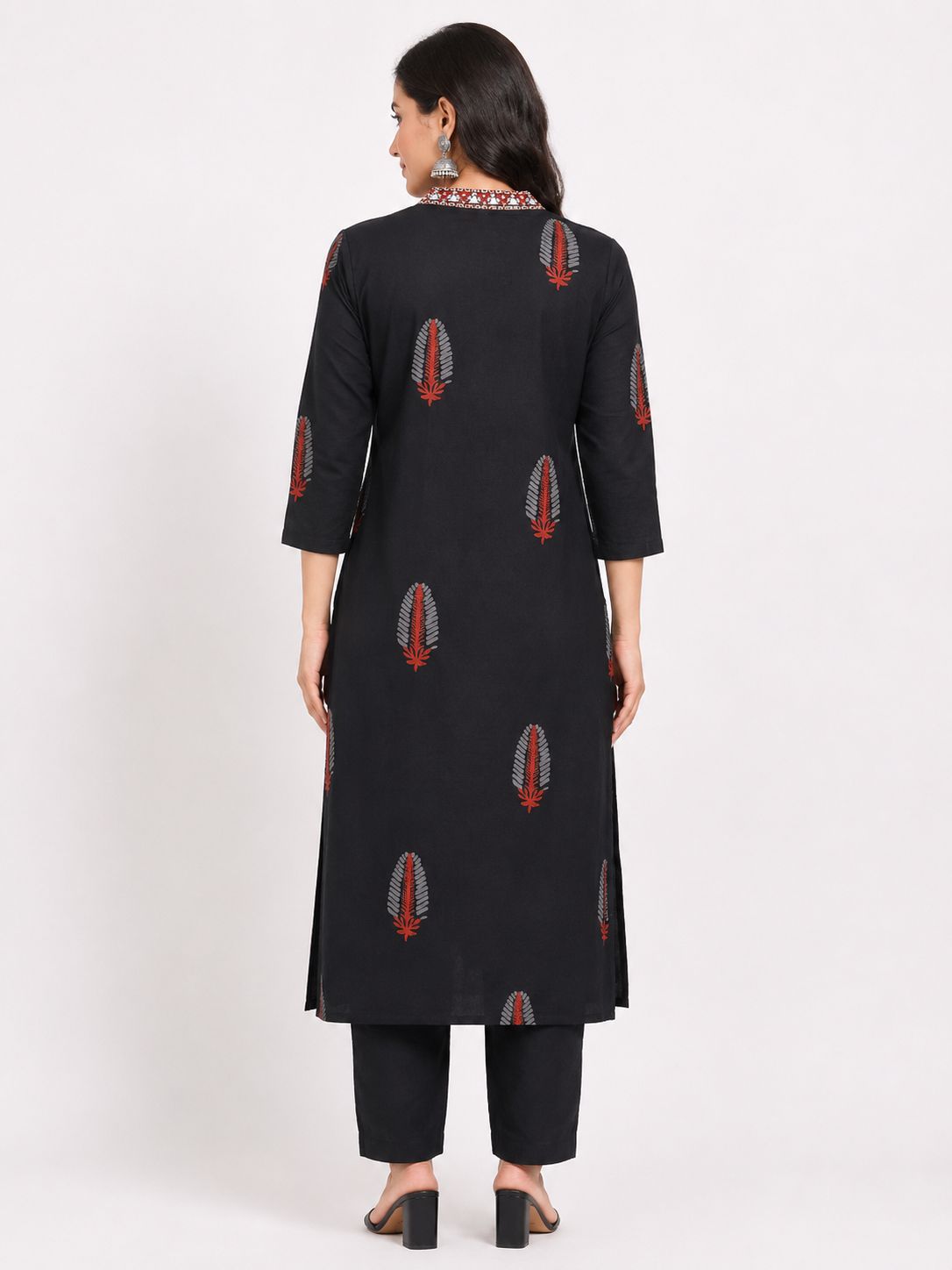 Women's Black 2-Piece Kurti with Red and Silver Mirror Work Neckline and 3/4 Sleeves