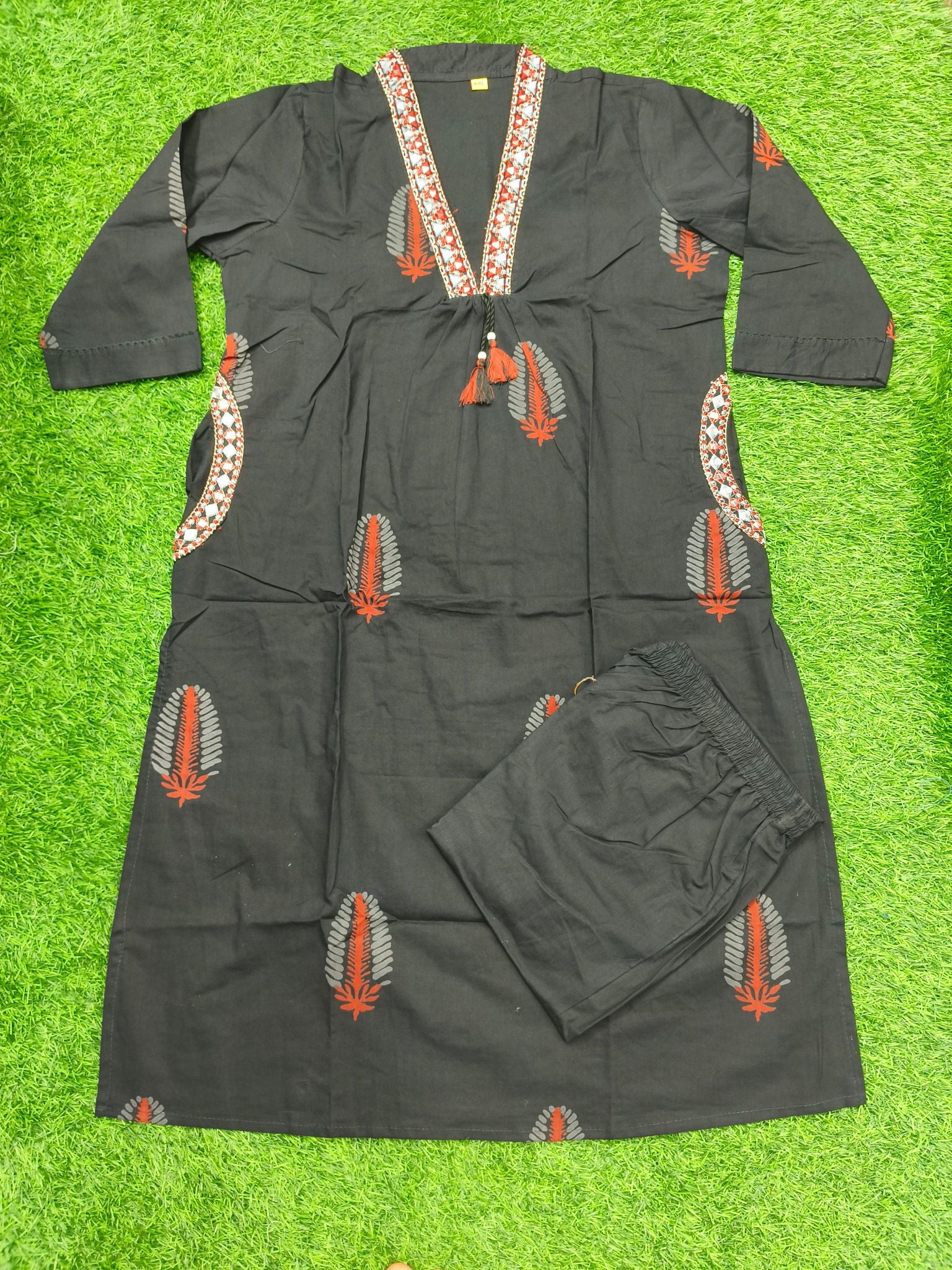 Women's Black 2-Piece Kurti with Red and Silver Mirror Work Neckline and 3/4 Sleeves