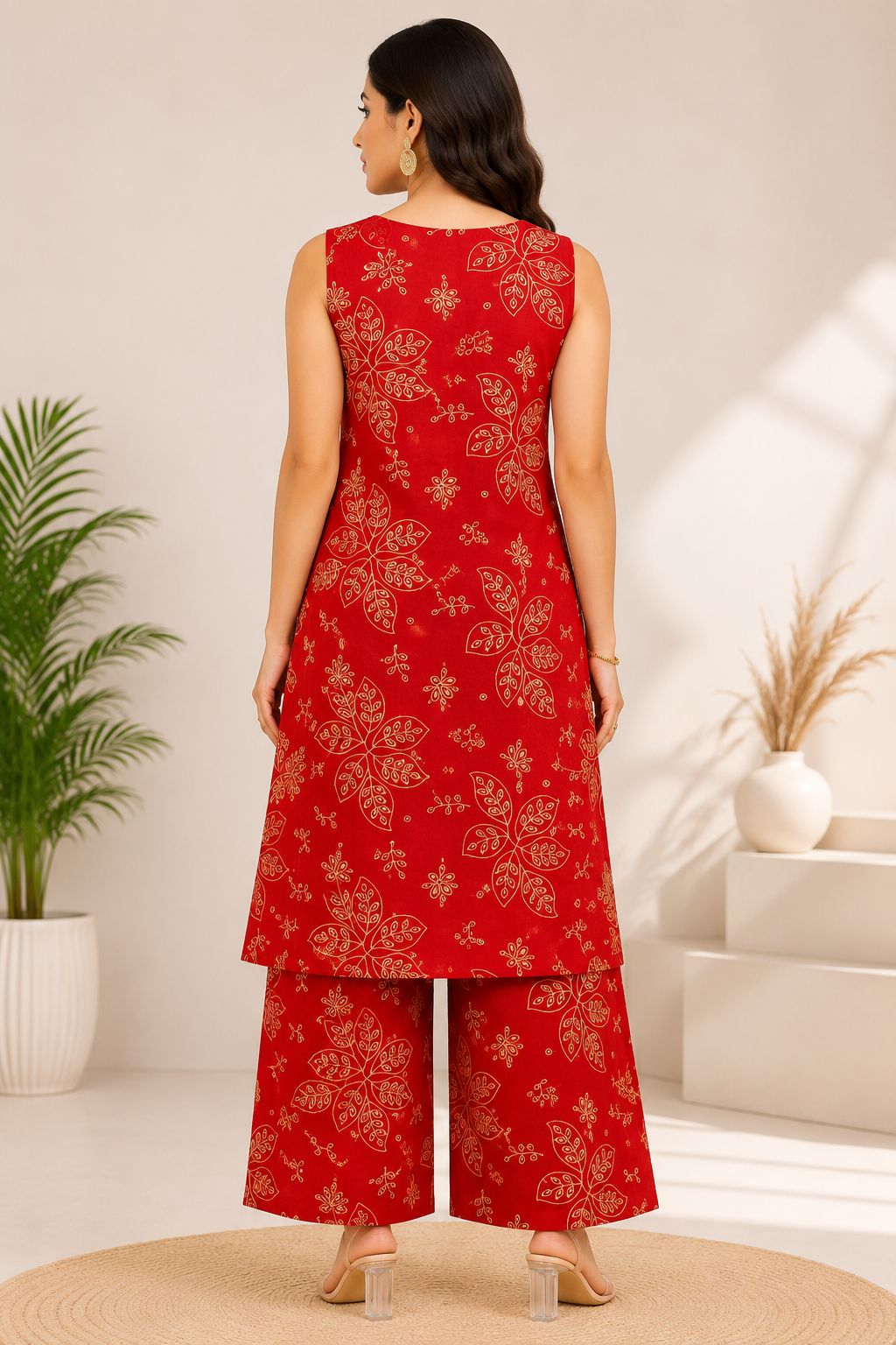 Women's Elegant Thick Red 2-Piece Kurti with Decorative Neckline