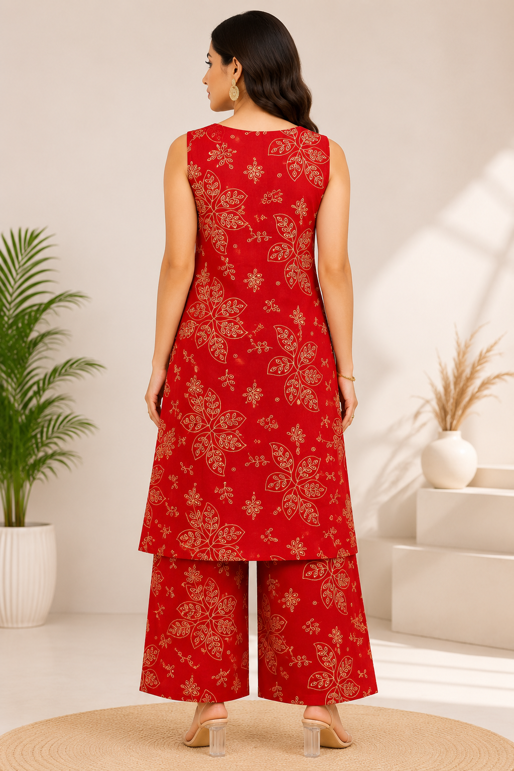 Women's Elegant Thick Red 2-Piece Kurti with Decorative Neckline