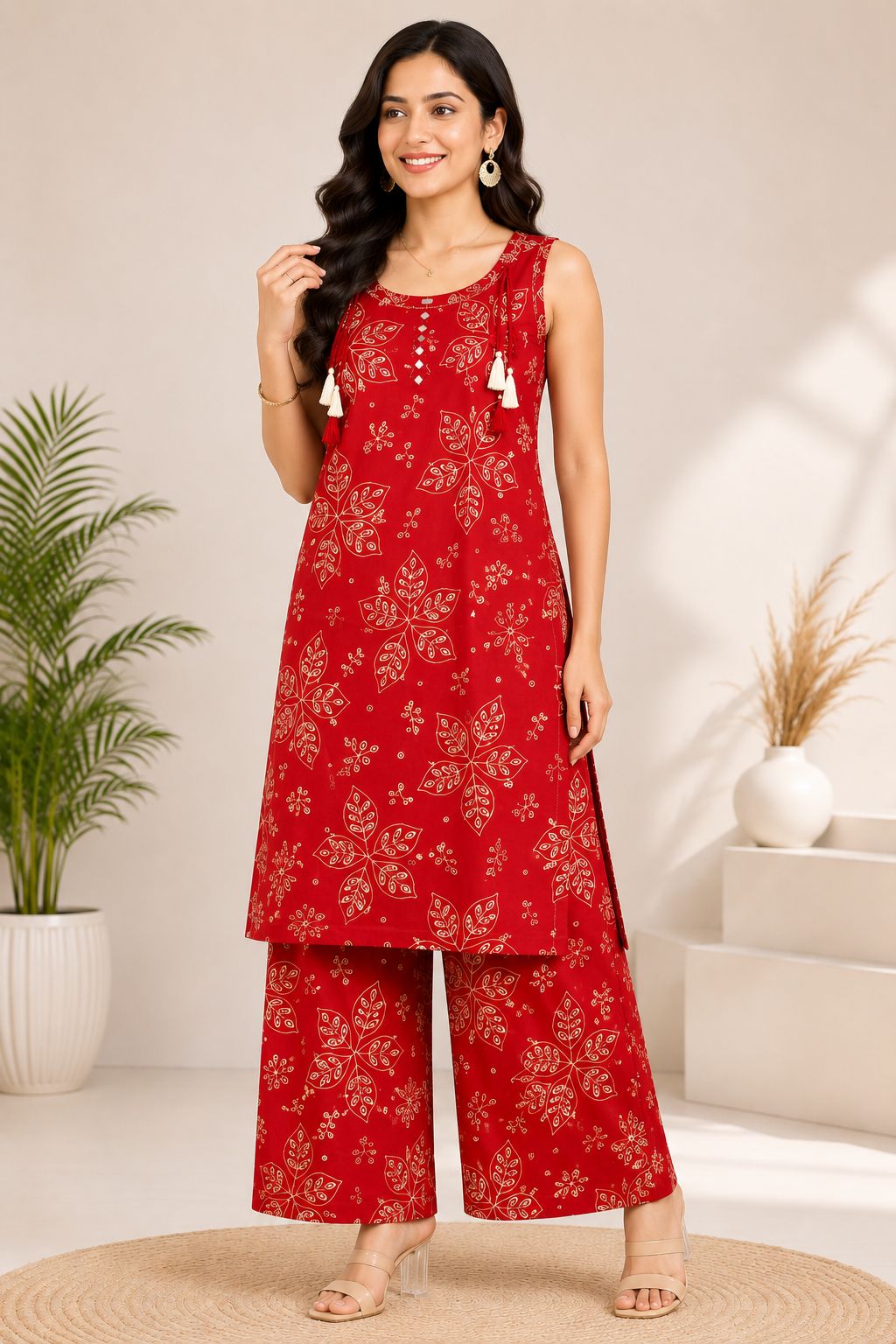 Women's Elegant Thick Red 2-Piece Kurti with Decorative Neckline