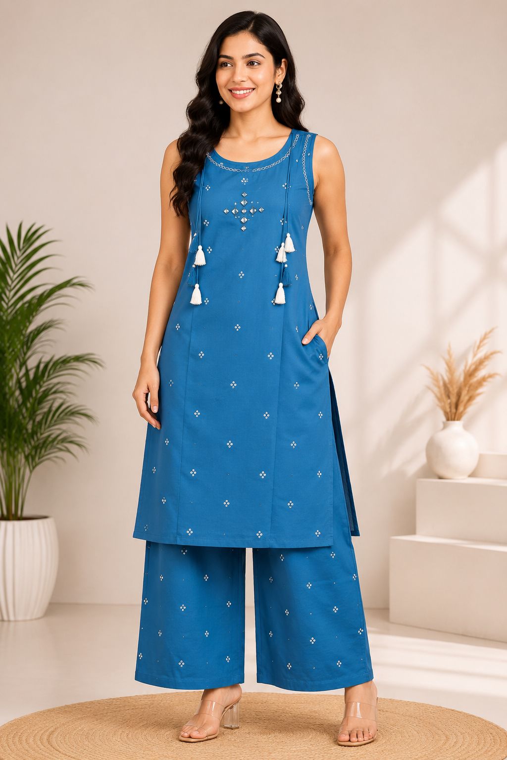Women's Designer Teal Blue Sleeveless Floral Print 2-Piece Kurti Set