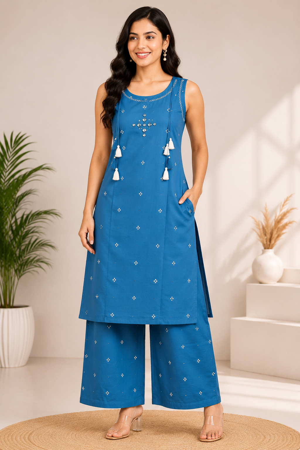 Women's Designer Teal Blue Sleeveless Floral Print 2-Piece Kurti Set