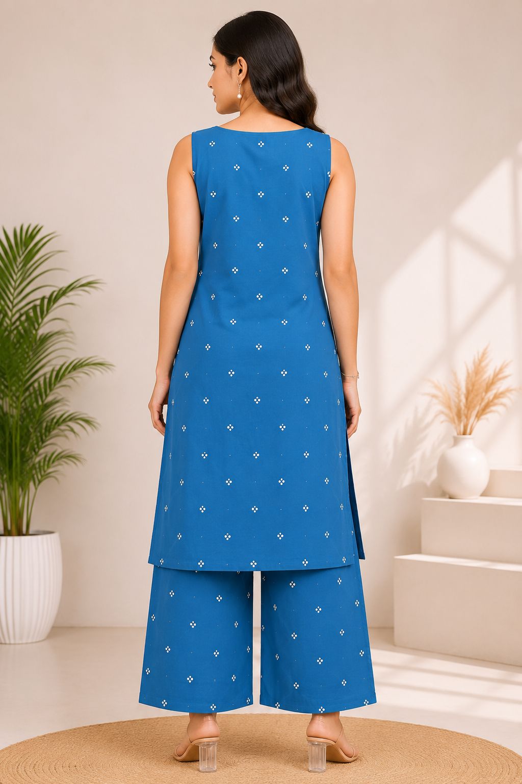 Women's Designer Teal Blue Sleeveless Floral Print 2-Piece Kurti Set