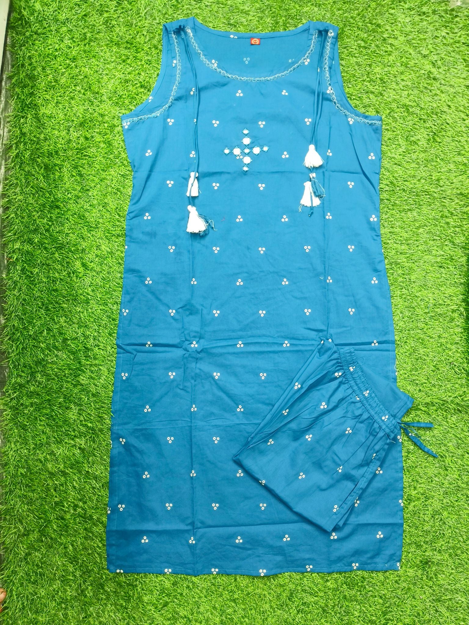 Women's Designer Teal Blue Sleeveless Floral Print 2-Piece Kurti Set
