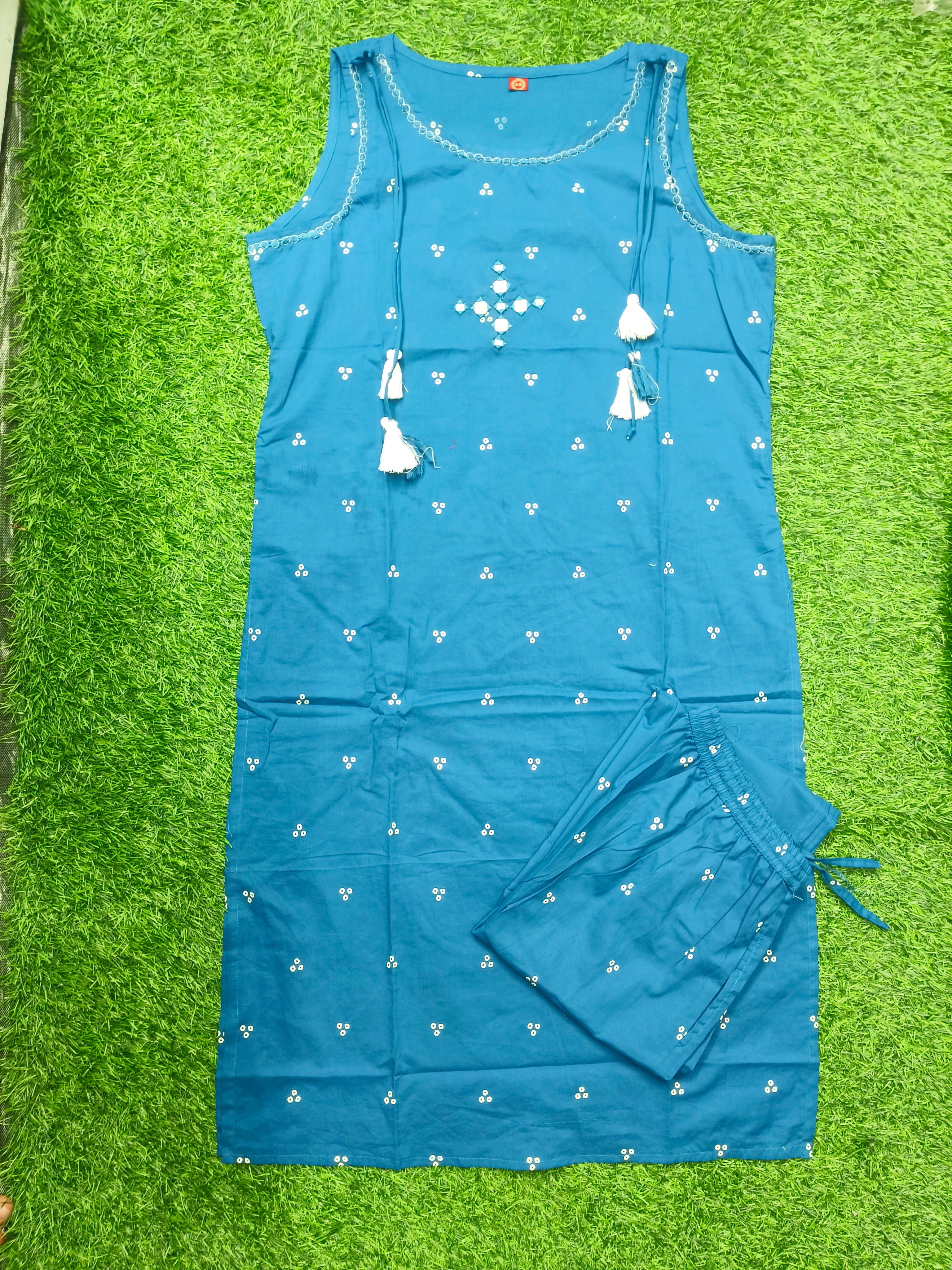 Women's Designer Teal Blue Sleeveless Floral Print 2-Piece Kurti Set
