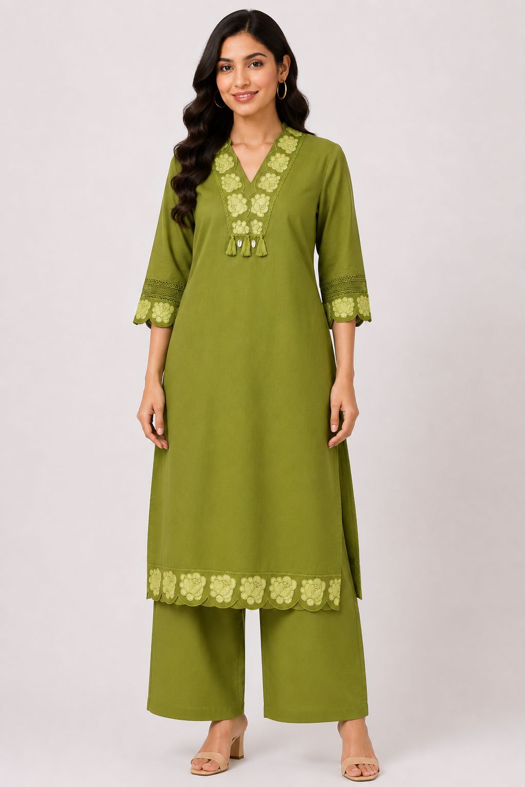 Women's Olive Green 3/4 Sleeve 2-Piece Kurti with Thread Embroidered V-Neckline
