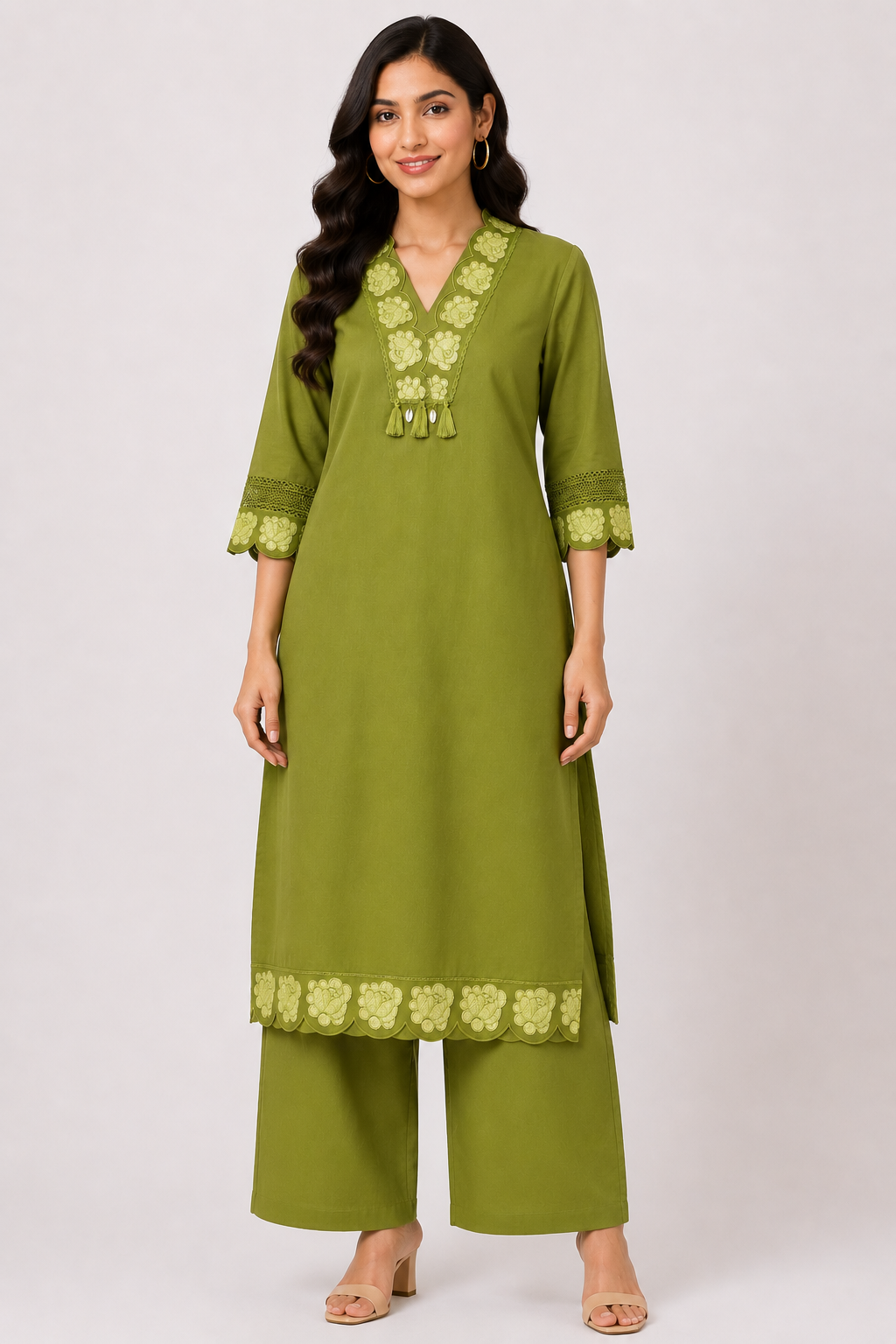 Women's Olive Green 3/4 Sleeve 2-Piece Kurti with Thread Embroidered V-Neckline