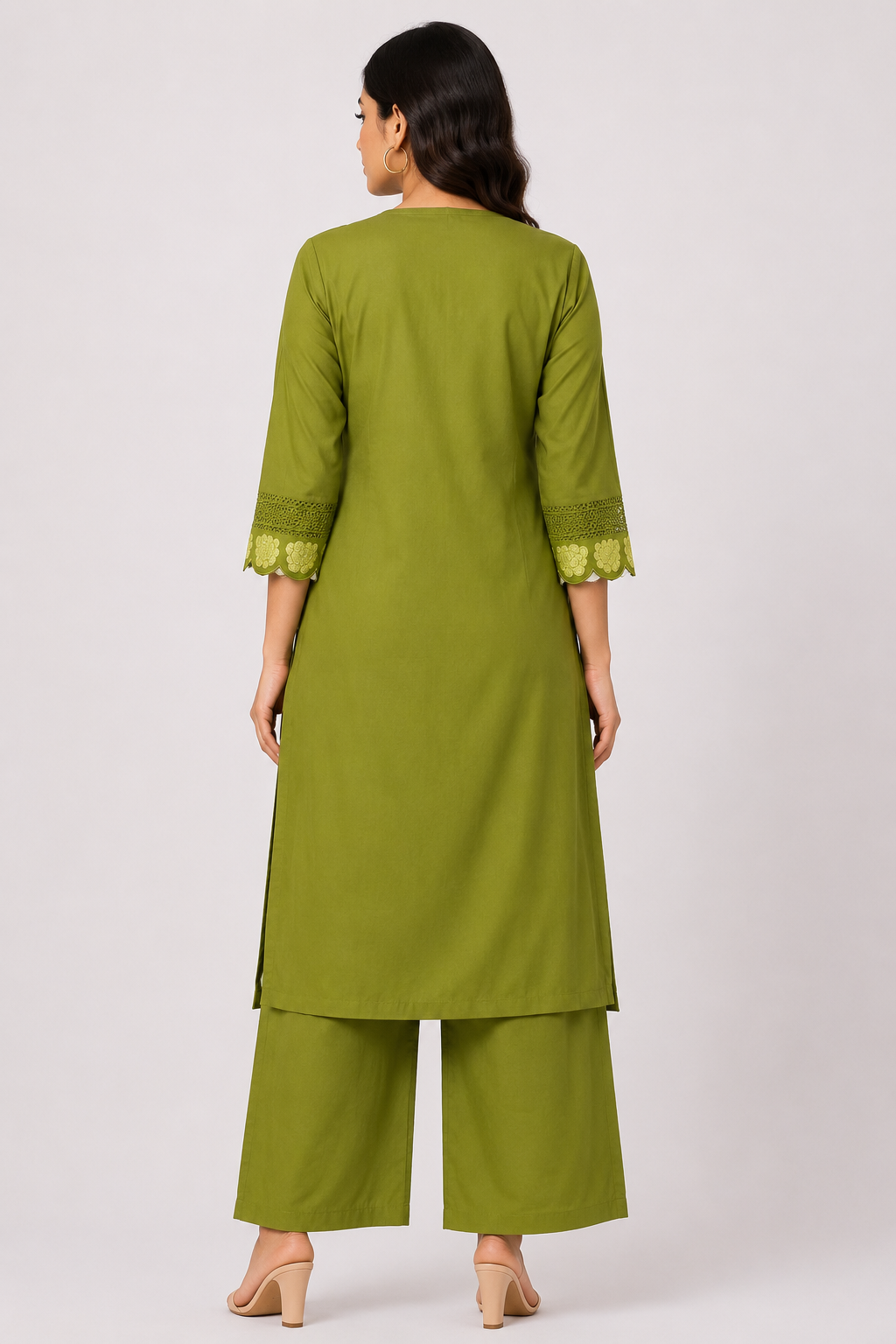 Women's Olive Green 3/4 Sleeve 2-Piece Kurti with Thread Embroidered V-Neckline