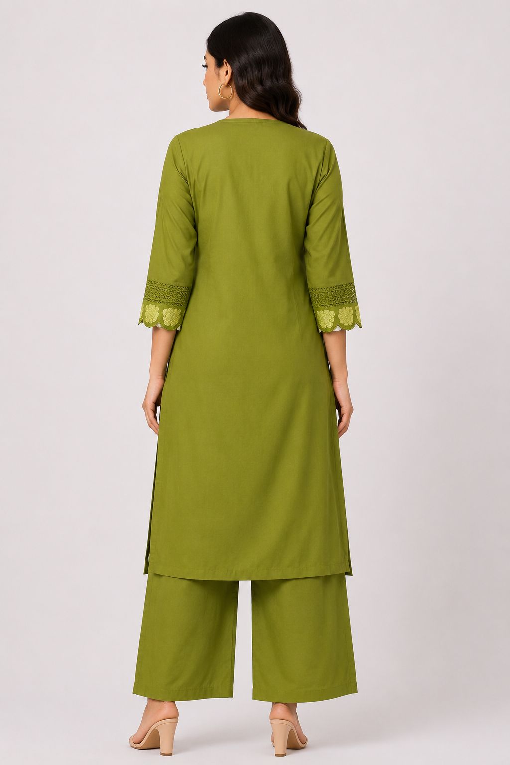 Women's Olive Green 3/4 Sleeve 2-Piece Kurti with Thread Embroidered V-Neckline