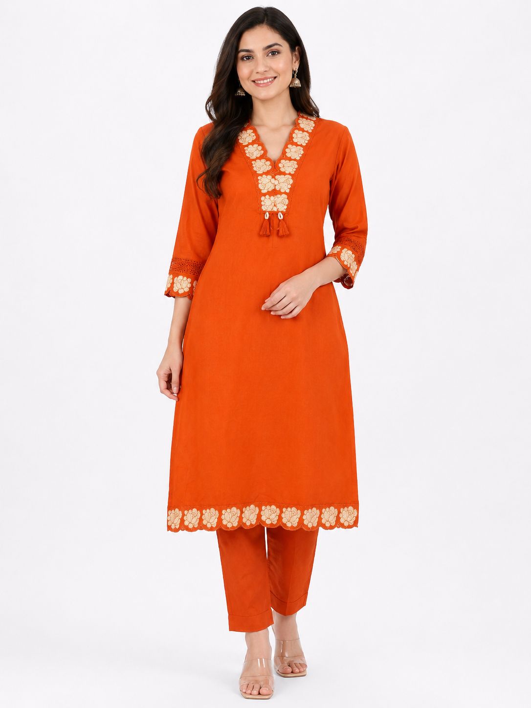 Women's Rust Orange 2-Piece Kurti with Floral Thread embroidery work, Tassel Hem and 3/4 Sleeves