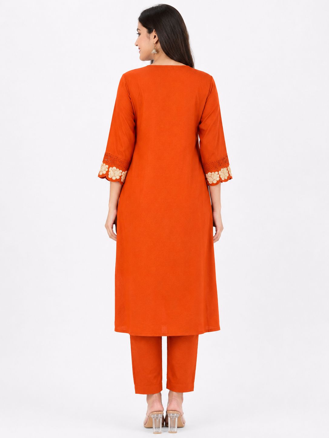 Women's Rust Orange 2-Piece Kurti with Floral Thread embroidery work, Tassel Hem and 3/4 Sleeves
