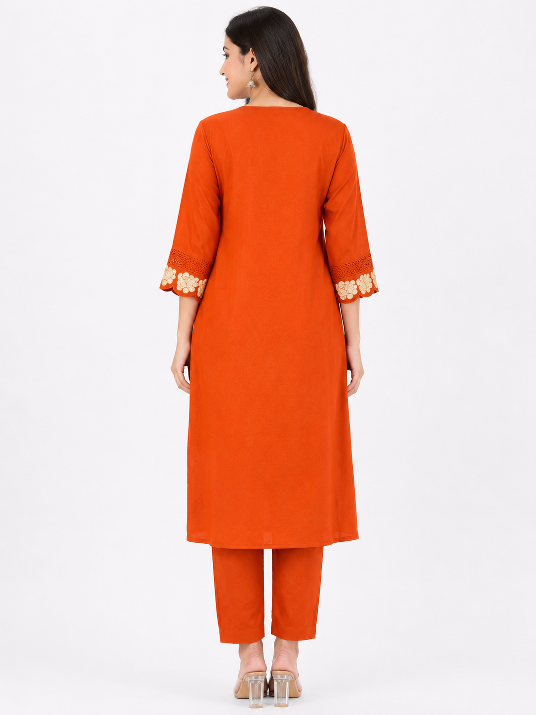 Women's Rust Orange 2-Piece Kurti with Floral Thread embroidery work, Tassel Hem and 3/4 Sleeves