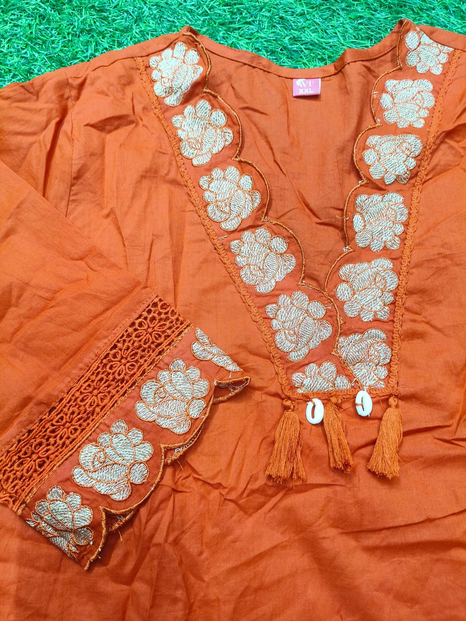 Women's Rust Orange 2-Piece Kurti with Floral Thread embroidery work, Tassel Hem and 3/4 Sleeves