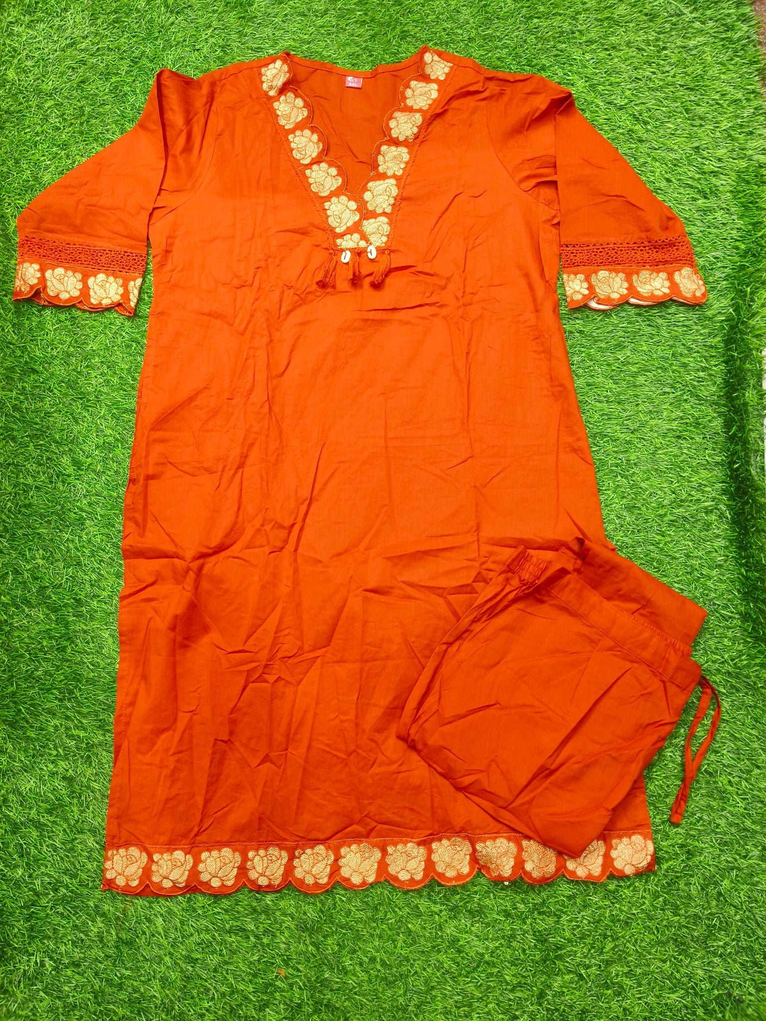 Women's Rust Orange 2-Piece Kurti with Floral Thread embroidery work, Tassel Hem and 3/4 Sleeves