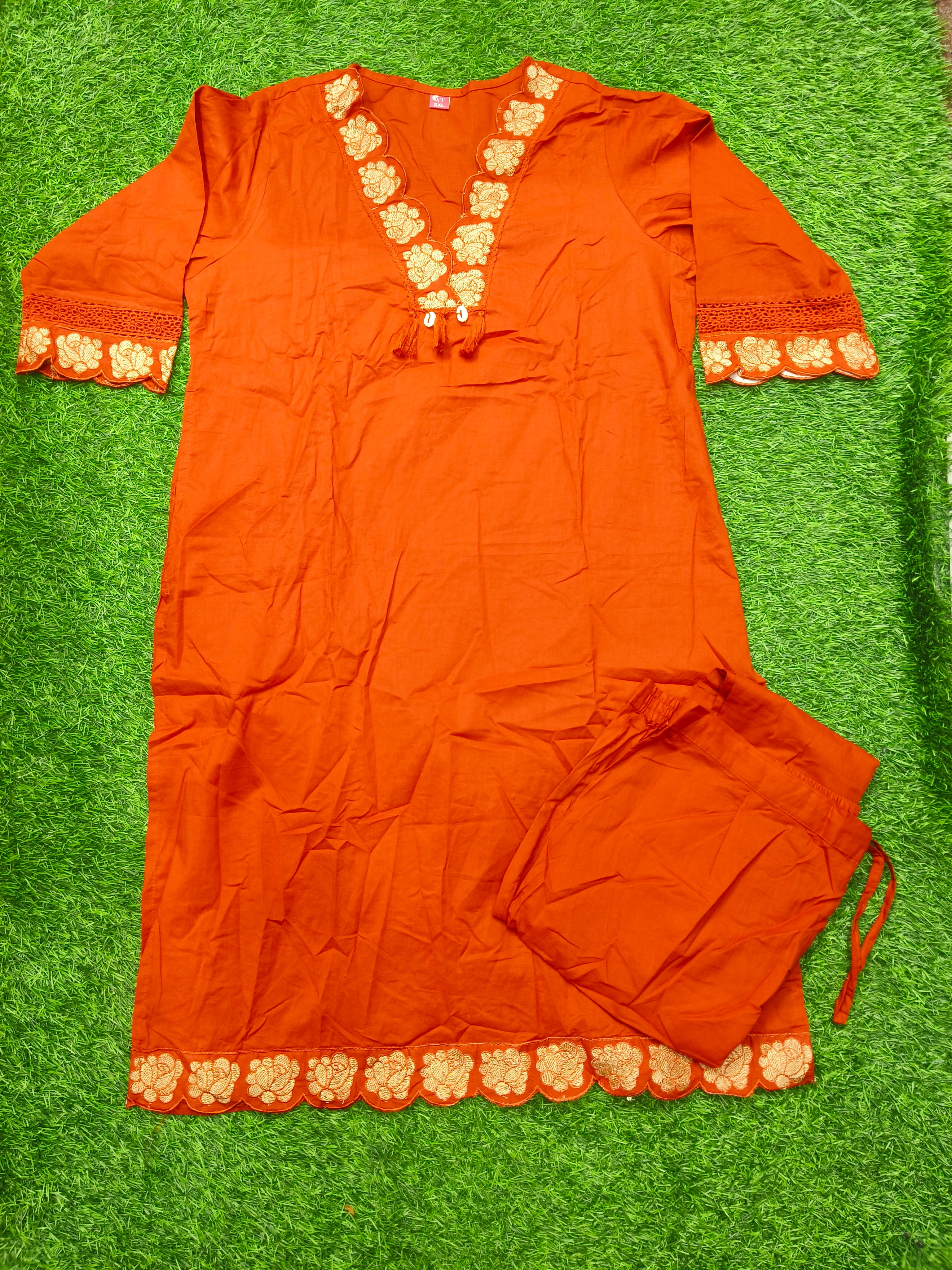 Women's Rust Orange 2-Piece Kurti with Floral Thread embroidery work, Tassel Hem and 3/4 Sleeves