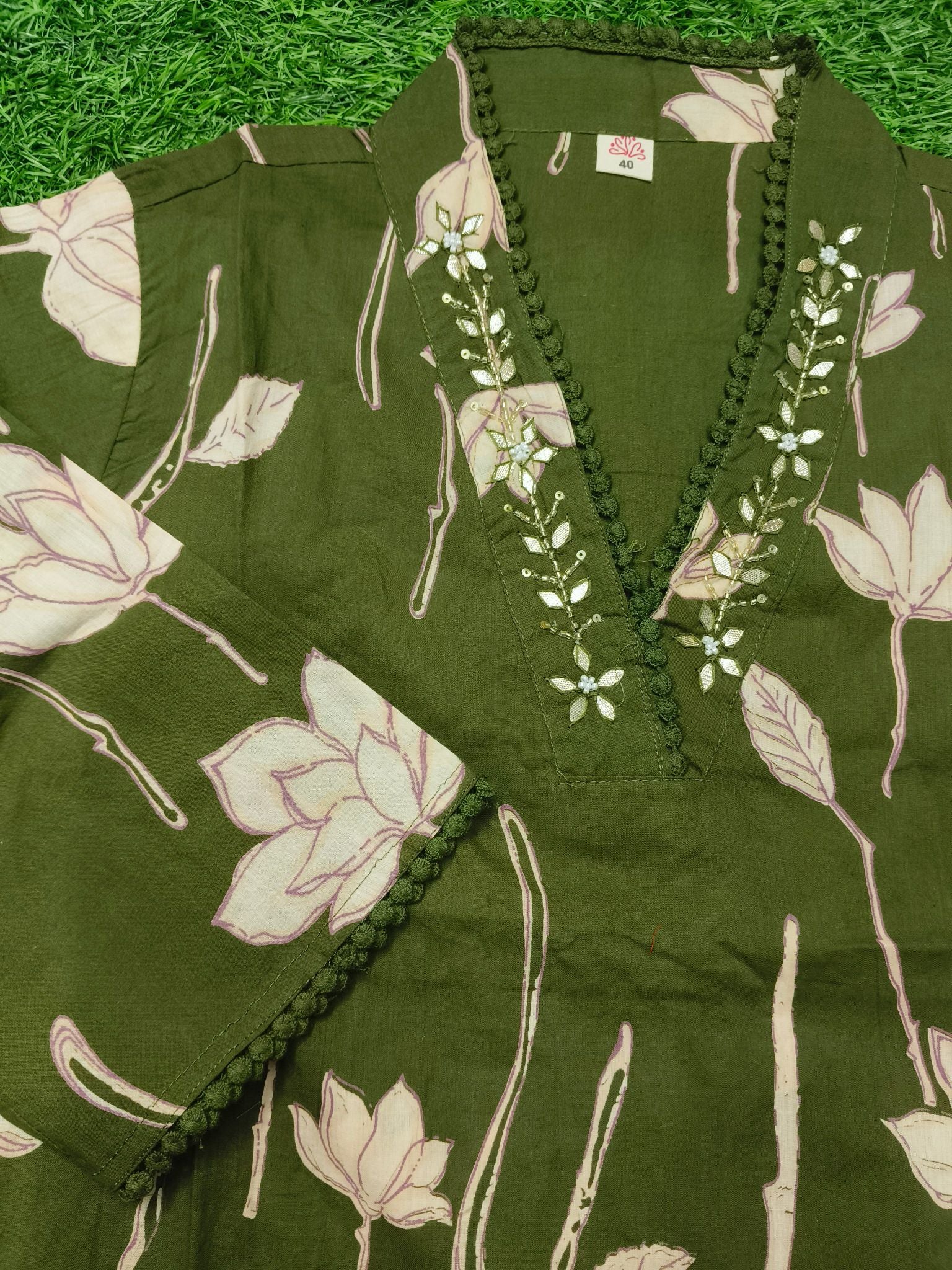 Women's Olive Green 3/4 Sleeve 2-Piece Kurti with Sequin Embroidered V-Neck