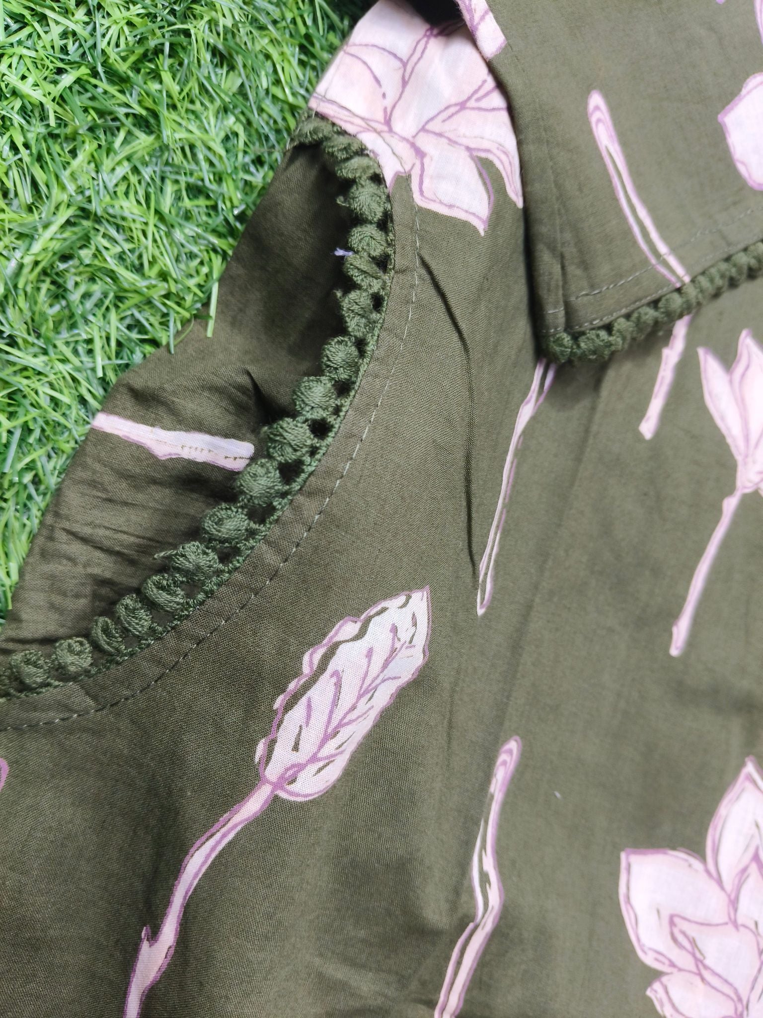Women's Olive Green 3/4 Sleeve 2-Piece Kurti with Sequin Embroidered V-Neck