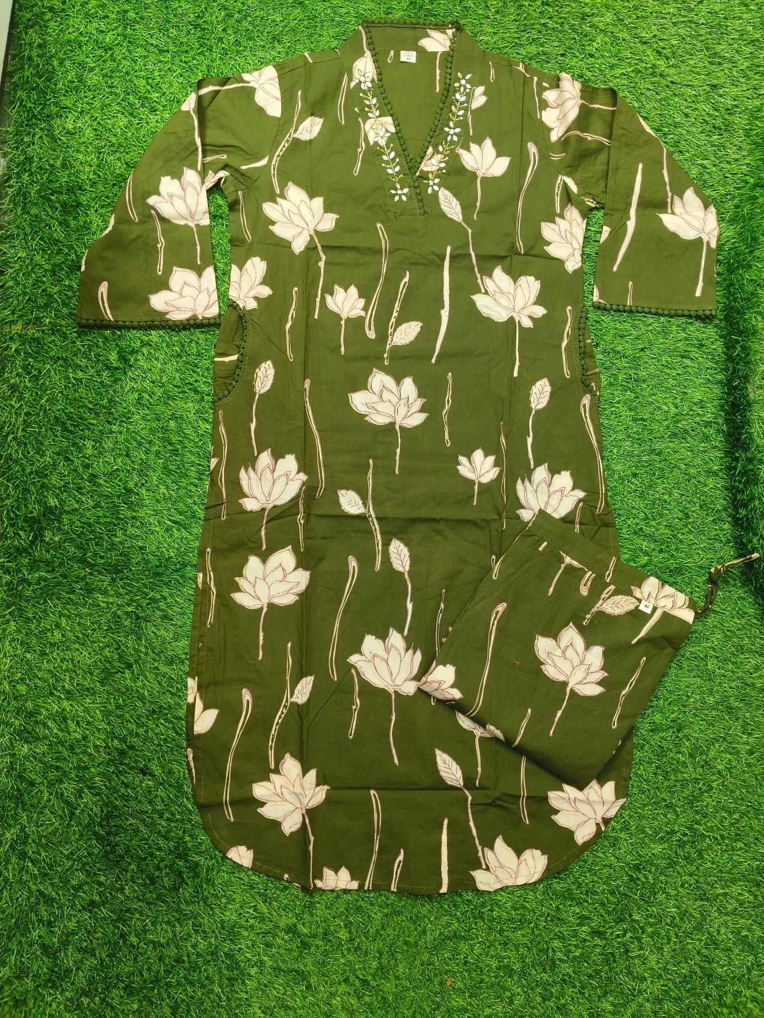 Women's Olive Green 3/4 Sleeve 2-Piece Kurti with Sequin Embroidered V-Neck