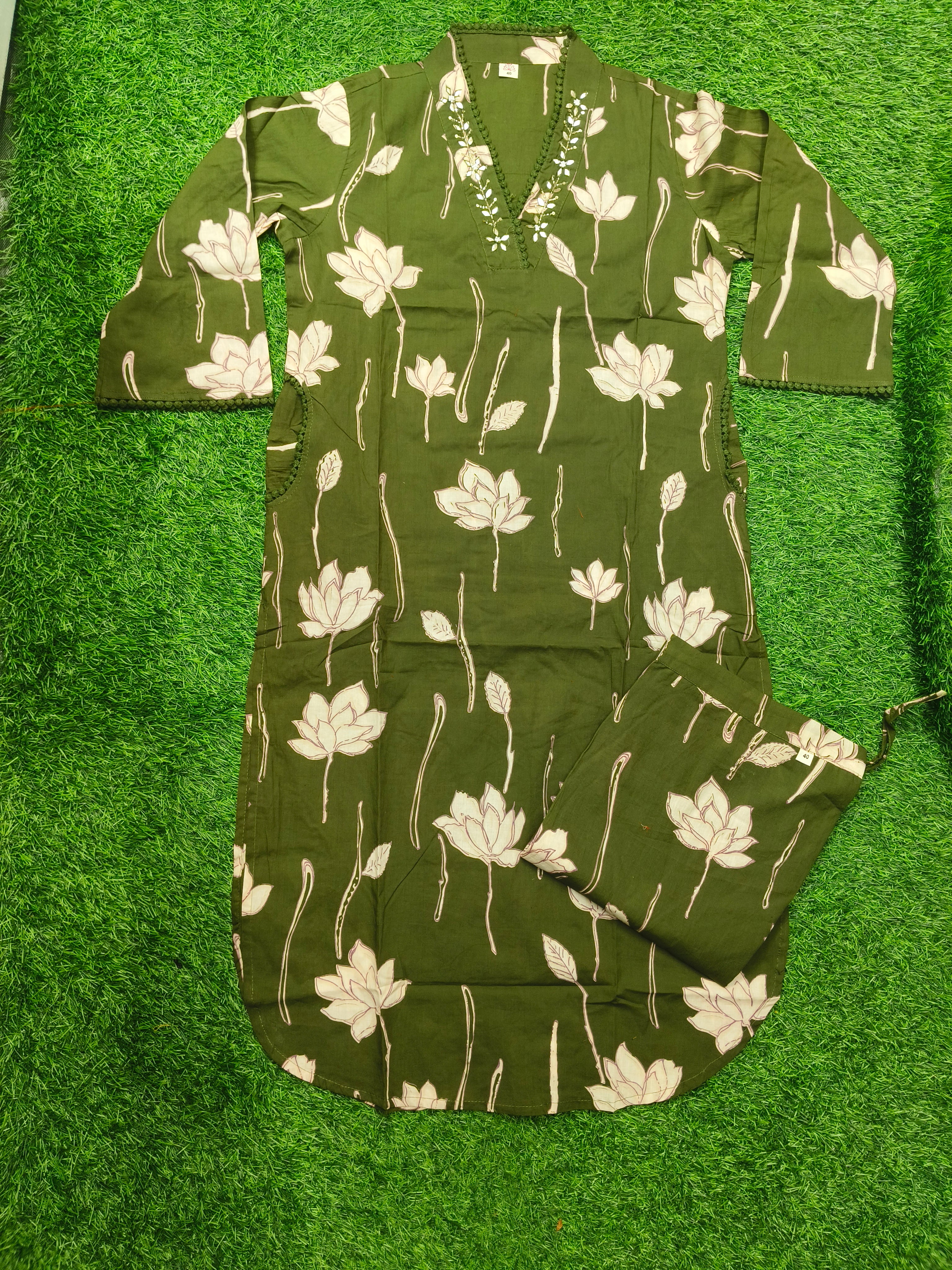 Women's Olive Green 3/4 Sleeve 2-Piece Kurti with Sequin Embroidered V-Neck