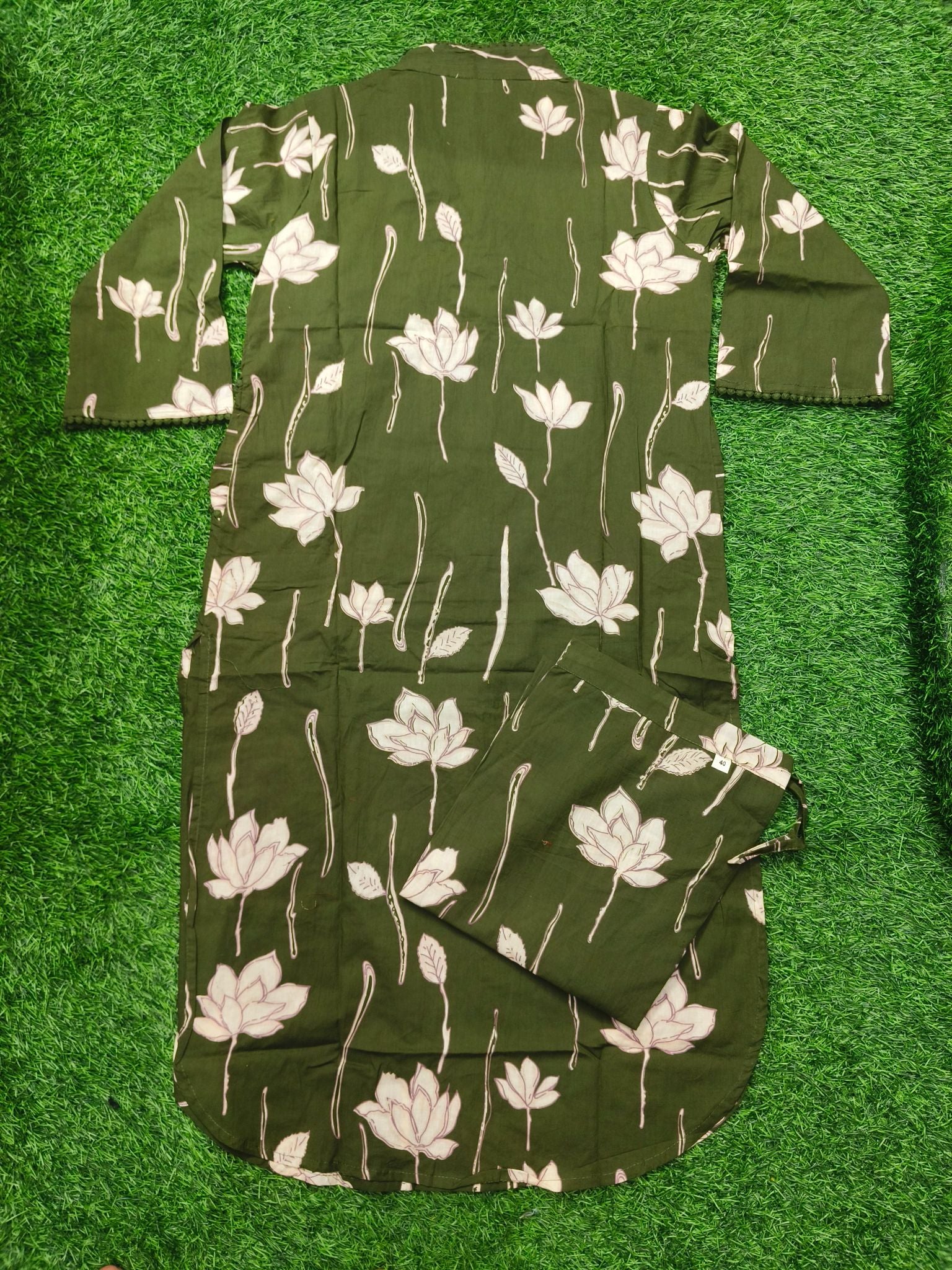 Women's Olive Green 3/4 Sleeve 2-Piece Kurti with Sequin Embroidered V-Neck