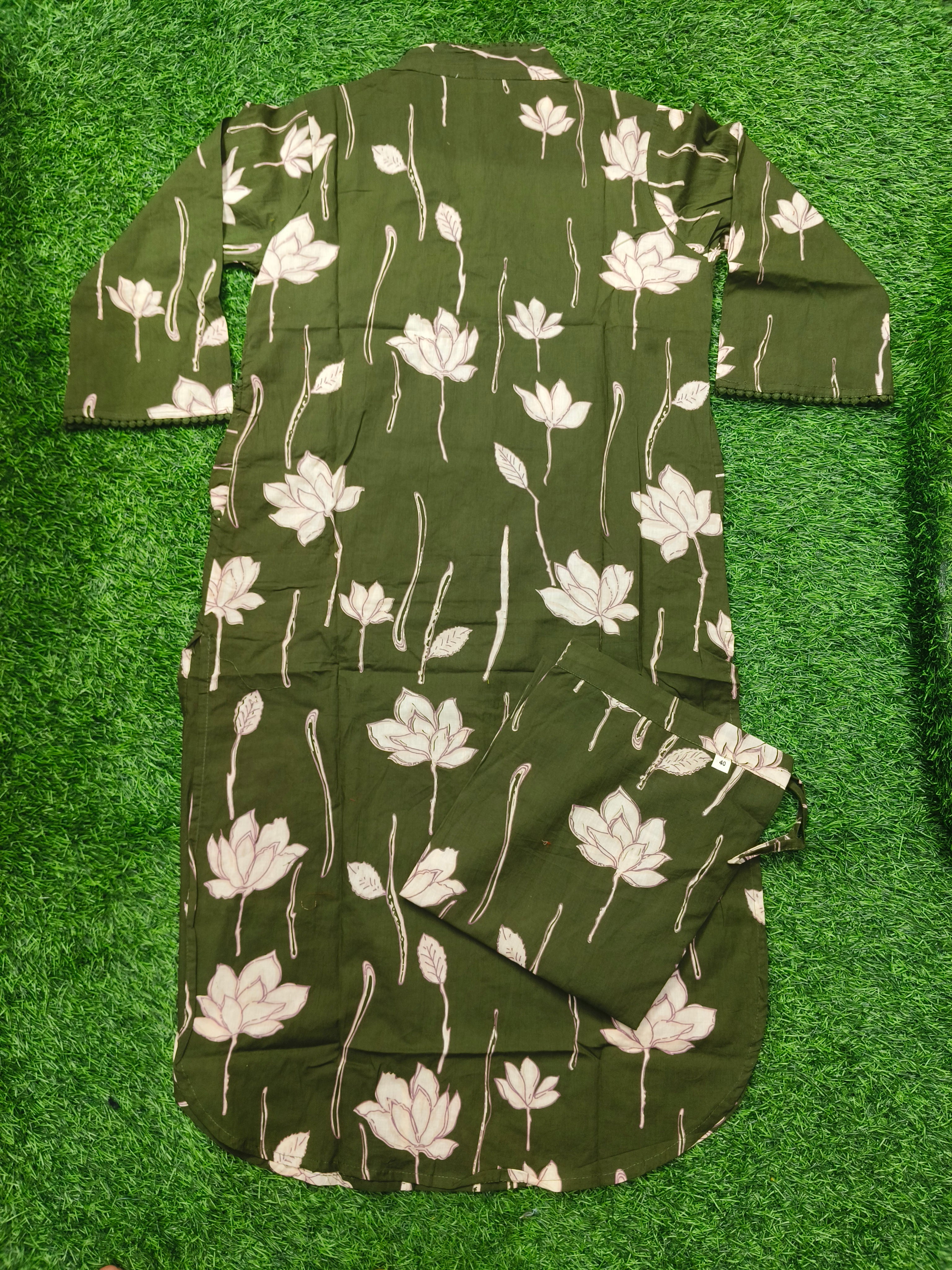 Women's Olive Green 3/4 Sleeve 2-Piece Kurti with Sequin Embroidered V-Neck