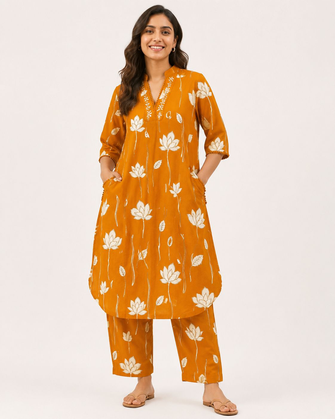 Women's Rust Brown 3/4 Sleeve 2-Piece  Kurti with Floral Vine Embroidered Neckline